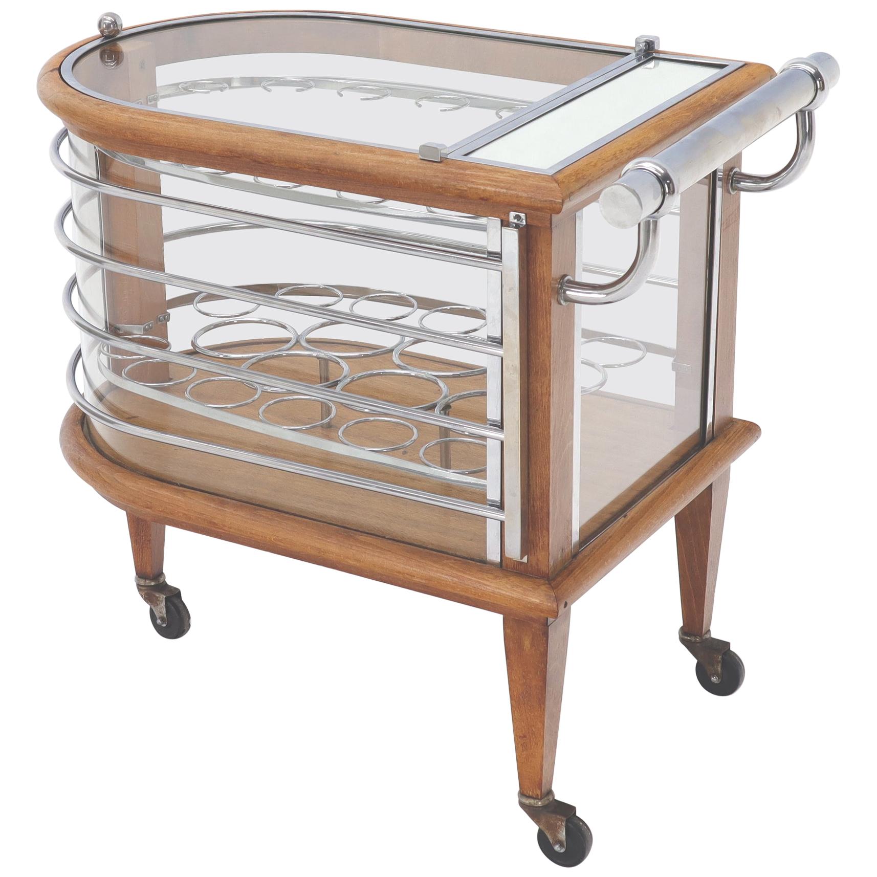 Art Deco Wood Chrome and Glass Serving Cart Bar on Wheels For Sale