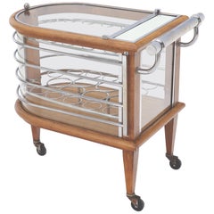 Art Deco Wood Chrome and Glass Serving Cart Bar on Wheels