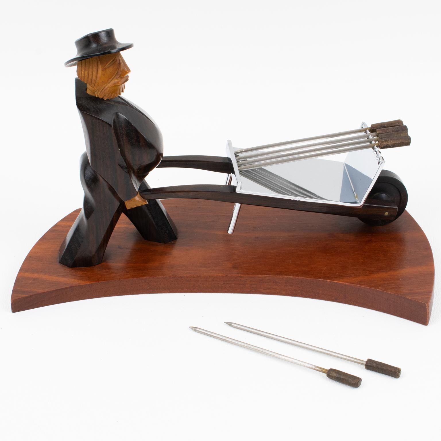 Art Deco Wood, Chrome Cocktail Picks Barware Set, Man with Wheelbarrow, 1930s In Excellent Condition For Sale In Atlanta, GA