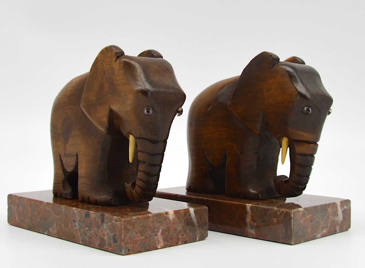 French Art Deco bookends, France, 1920s. Couple of elephants. Wood, bakelite and marble. Each, Height: 4.7