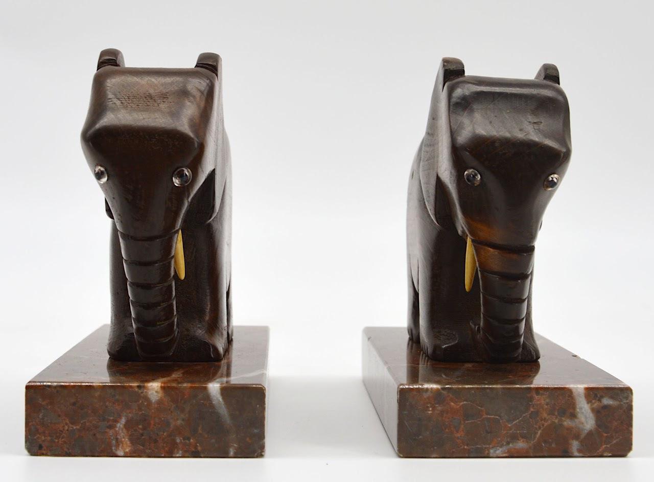 French Art Deco Wood Elephants Bookends, 1920 For Sale