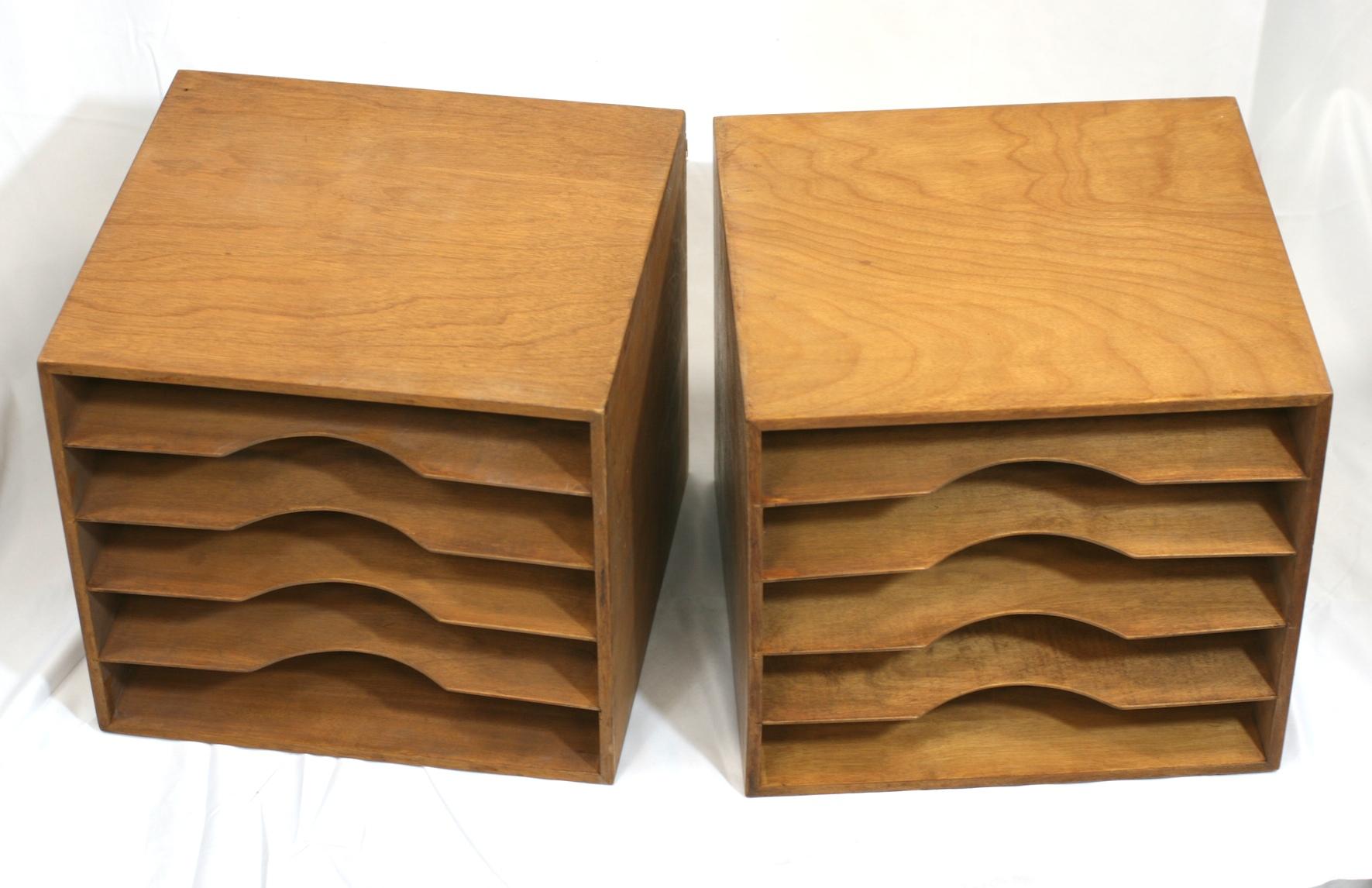 Pair of Art Deco table top wood filing boxes for papers or mail. Great for Industrial style interiors. They measure 14
