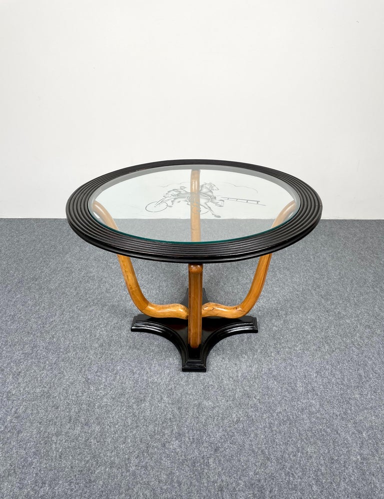 Italian Art Deco Wood & Glass Round Coffee Side Table, Italy, 1940s For Sale