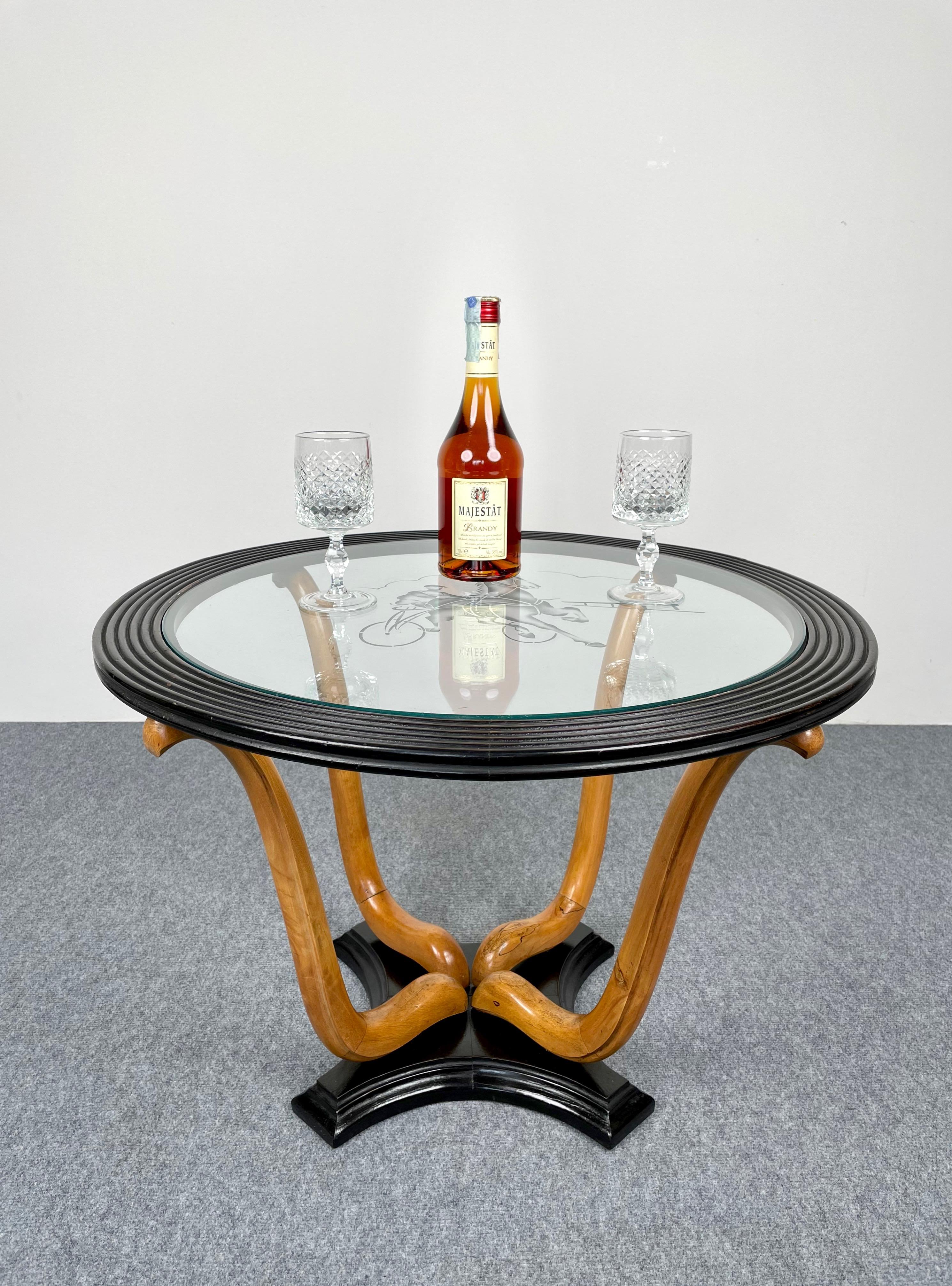 Art déco Table basse ronde d'appoint Art Déco en bois et verre, Italie, années 1940 en vente