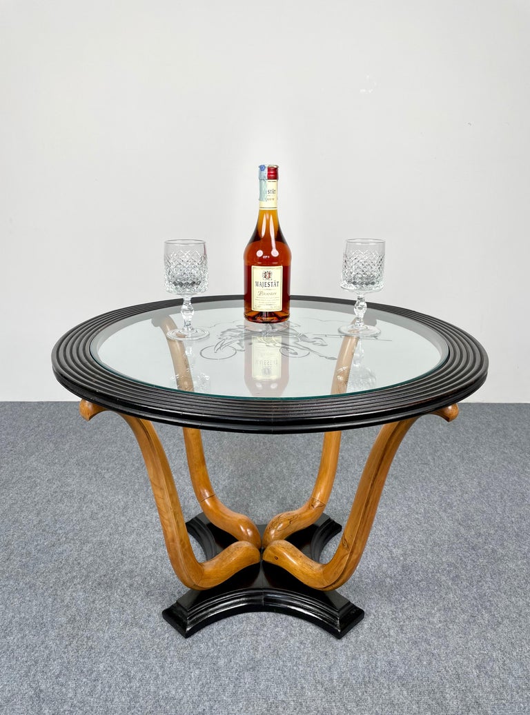 Mid-20th Century Art Deco Wood & Glass Round Coffee Side Table, Italy, 1940s For Sale