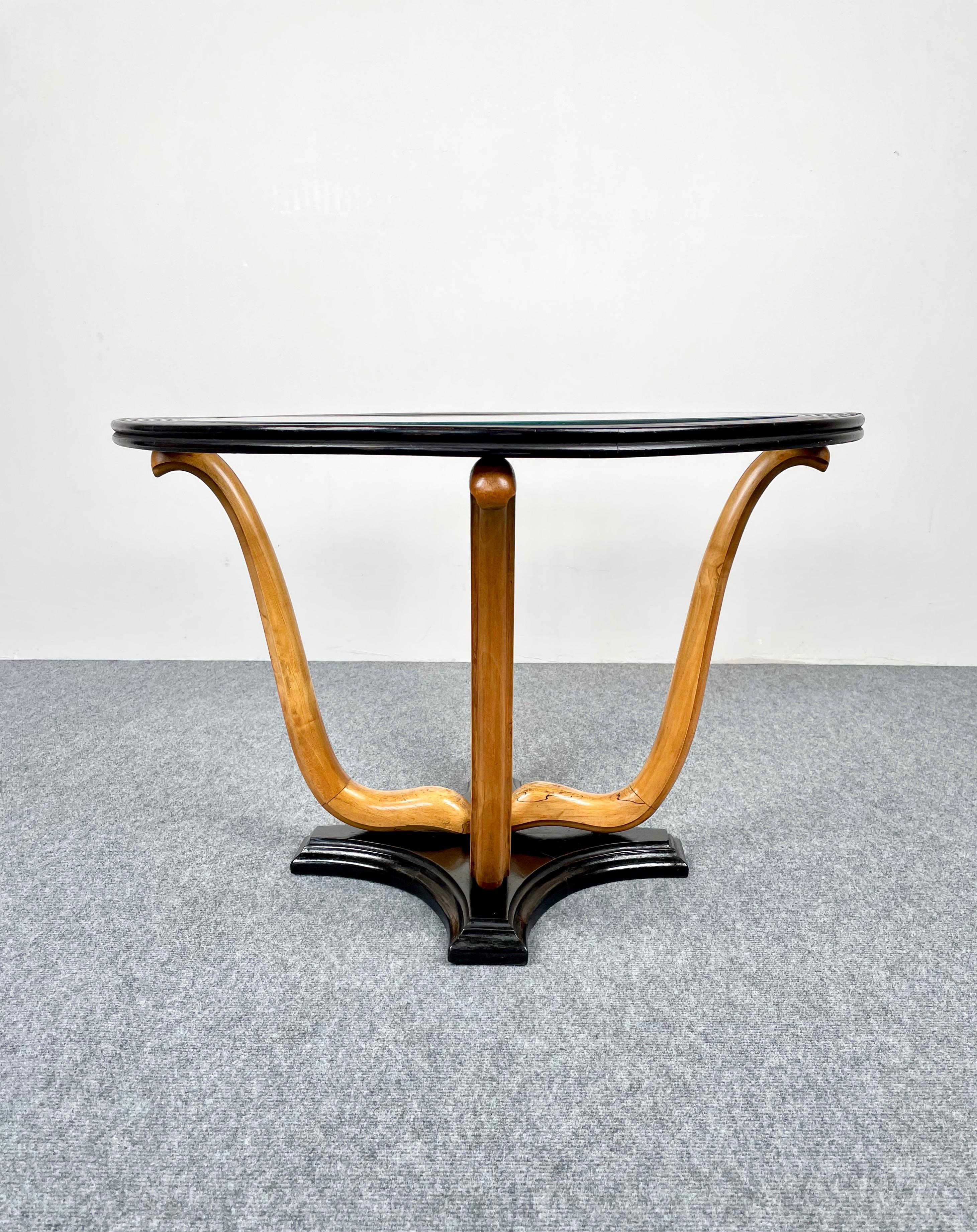 Italian Art Deco Wood & Glass Round Coffee Side Table, Italy, 1940s For Sale