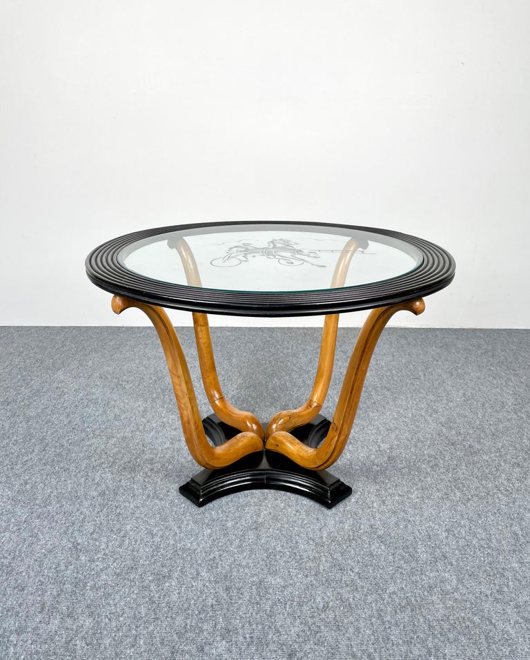 Art Deco Wood & Glass Round Coffee Side Table, Italy, 1940s For Sale 3