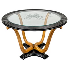 Vintage Art Deco Wood & Glass Round Coffee Side Table, Italy, 1940s