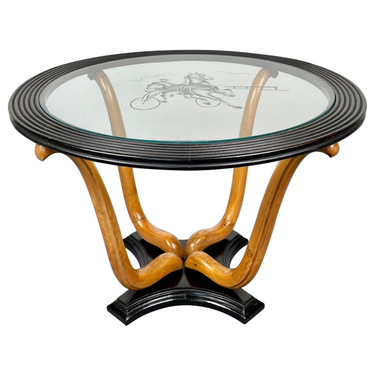 Art Deco Wood & Glass Round Coffee Side Table, Italy, 1940s For Sale