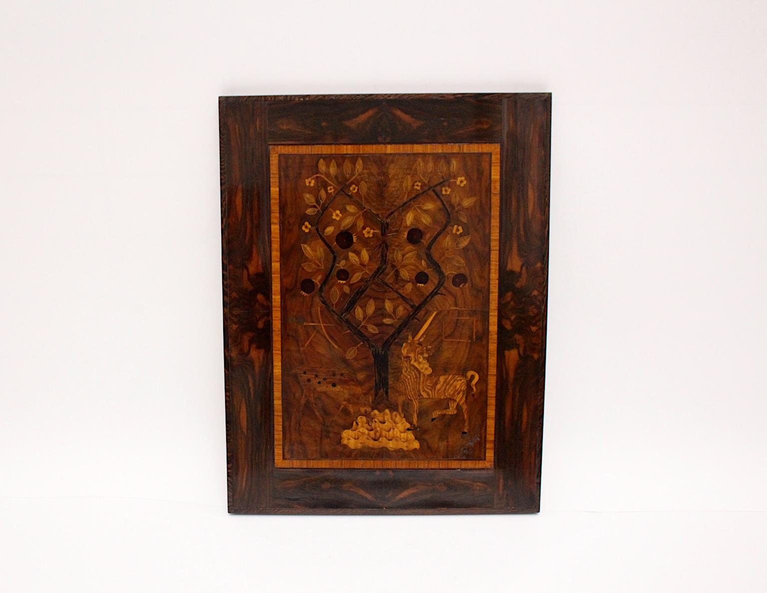 Art Deco Wood Inlaid Picture Unicorn Pomegranate Tree 1920s Style Victor Lurje For Sale 7