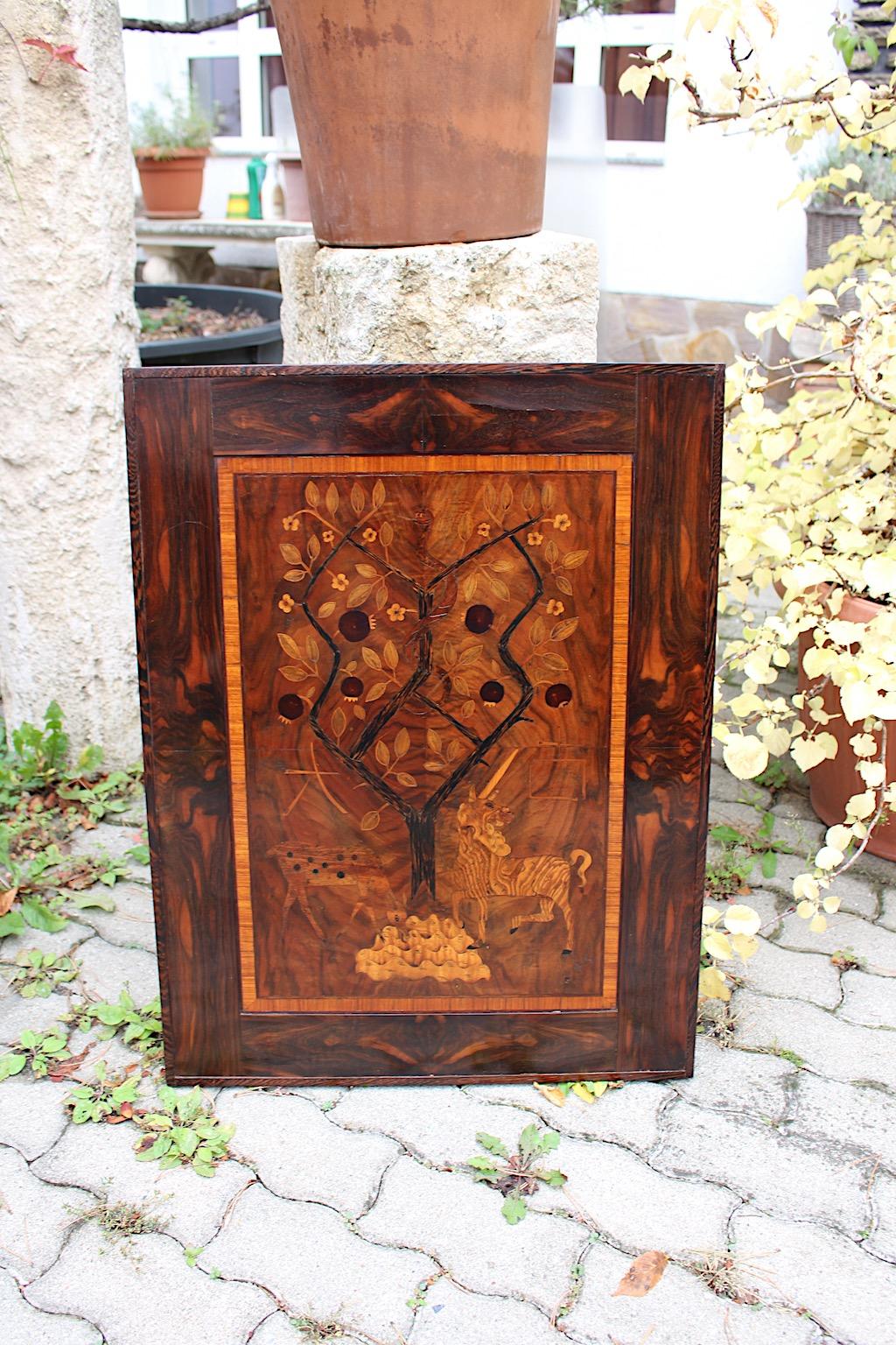 Early 20th Century Art Deco Wood Inlaid Picture Unicorn Pomegranate Tree 1920s Style Victor Lurje For Sale