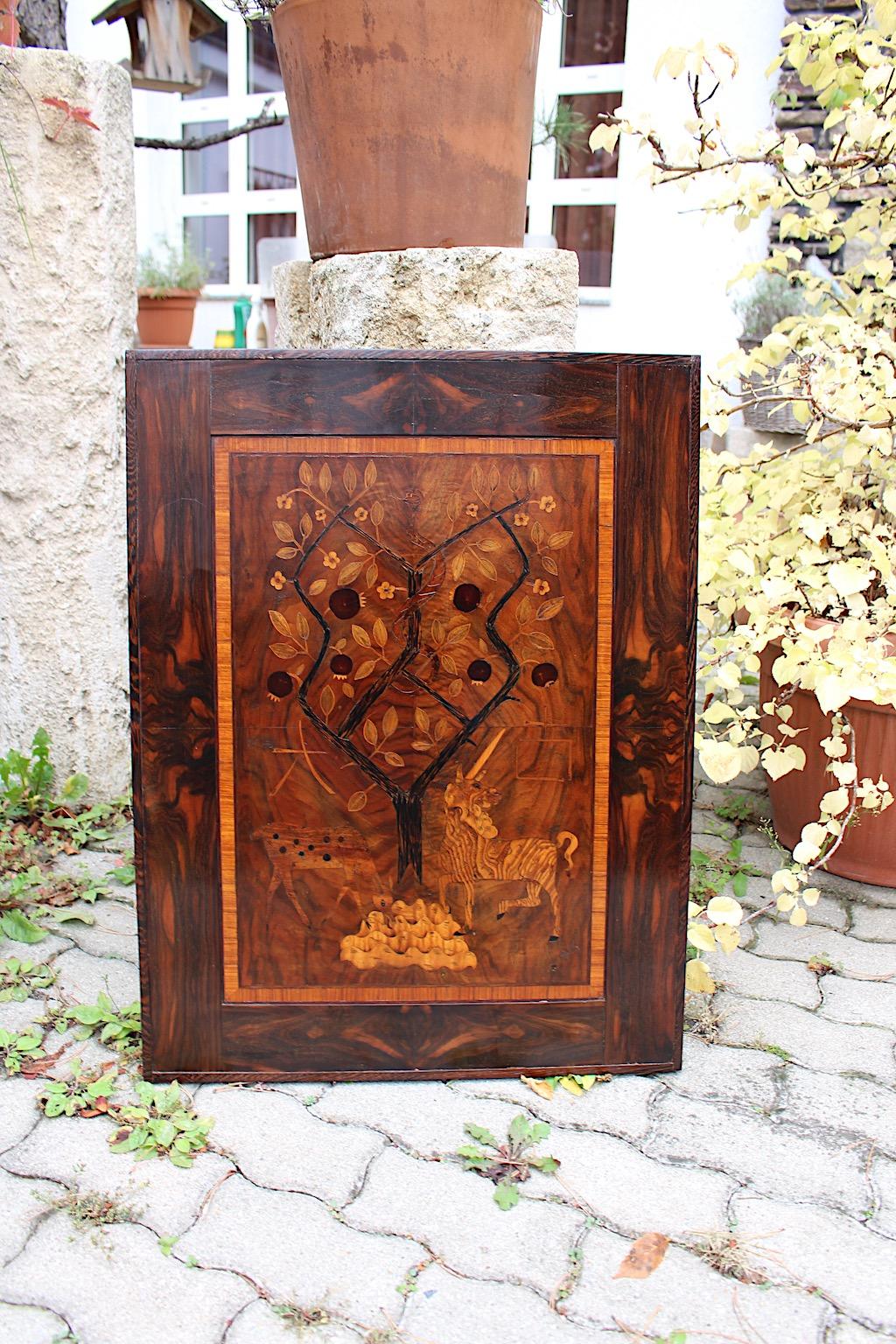 Ash Art Deco Wood Inlaid Picture Unicorn Pomegranate Tree 1920s Style Victor Lurje For Sale