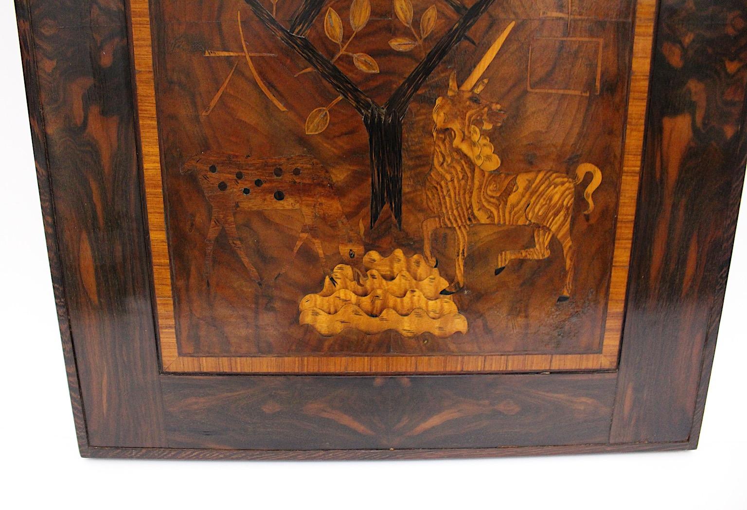 Art Deco Wood Inlaid Picture Unicorn Pomegranate Tree 1920s Style Victor Lurje For Sale 1
