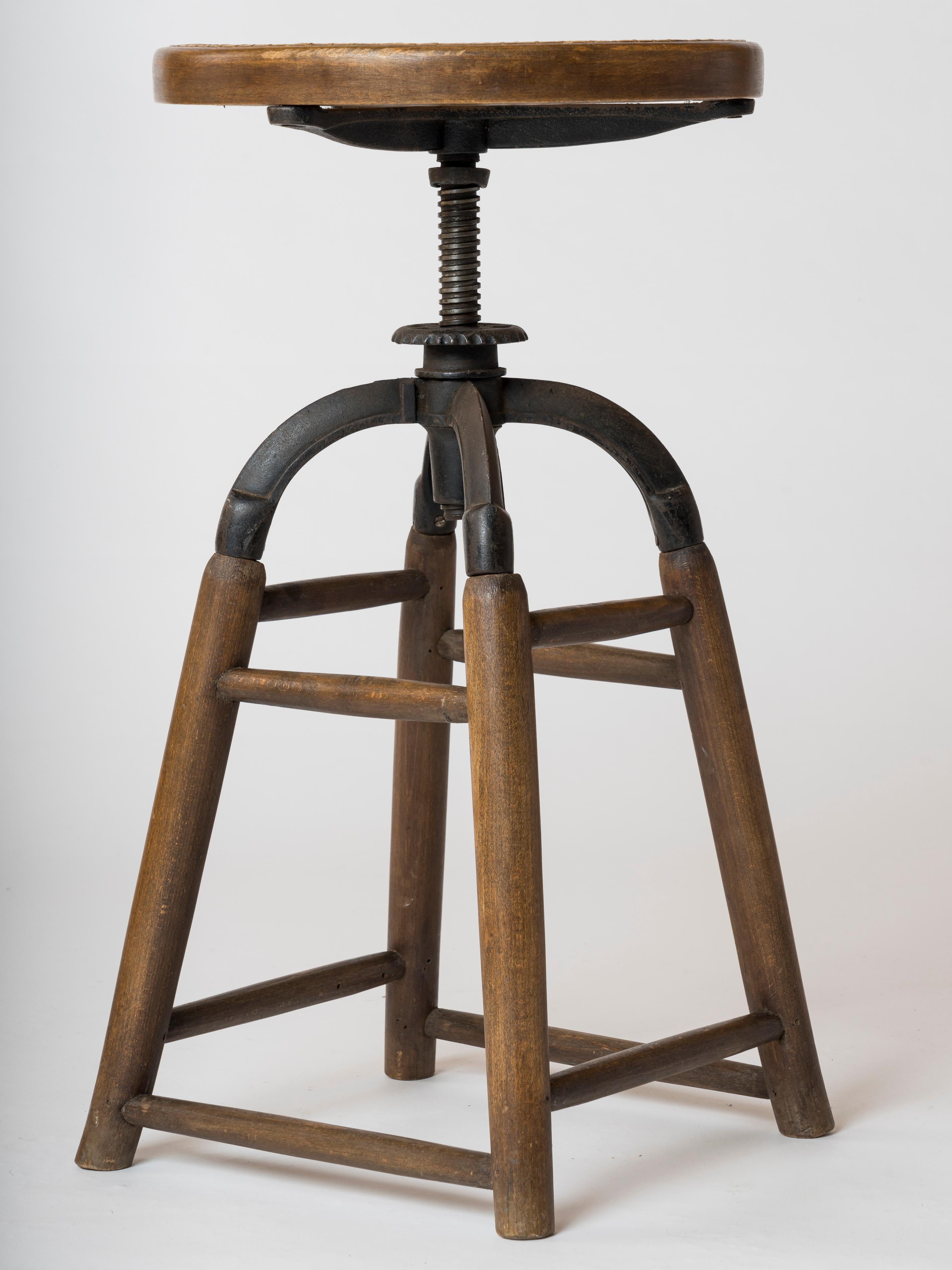 Austrian Art Deco Wood, Iron and Caning Adjustable Stool by Thonet, Austria, 1930s For Sale