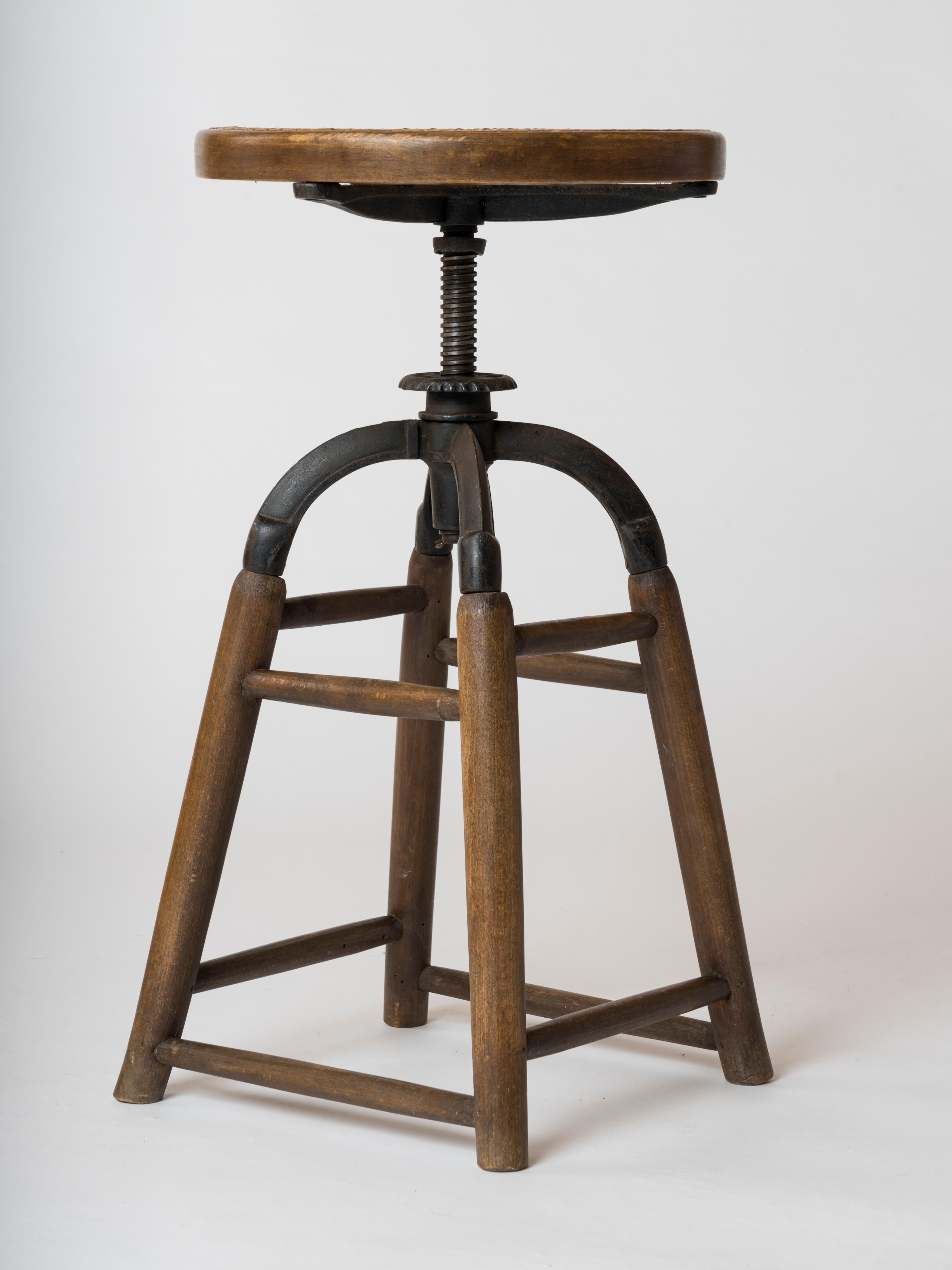 Art Deco Wood, Iron and Caning Adjustable Stool by Thonet, Austria, 1930s In Good Condition For Sale In New York, NY