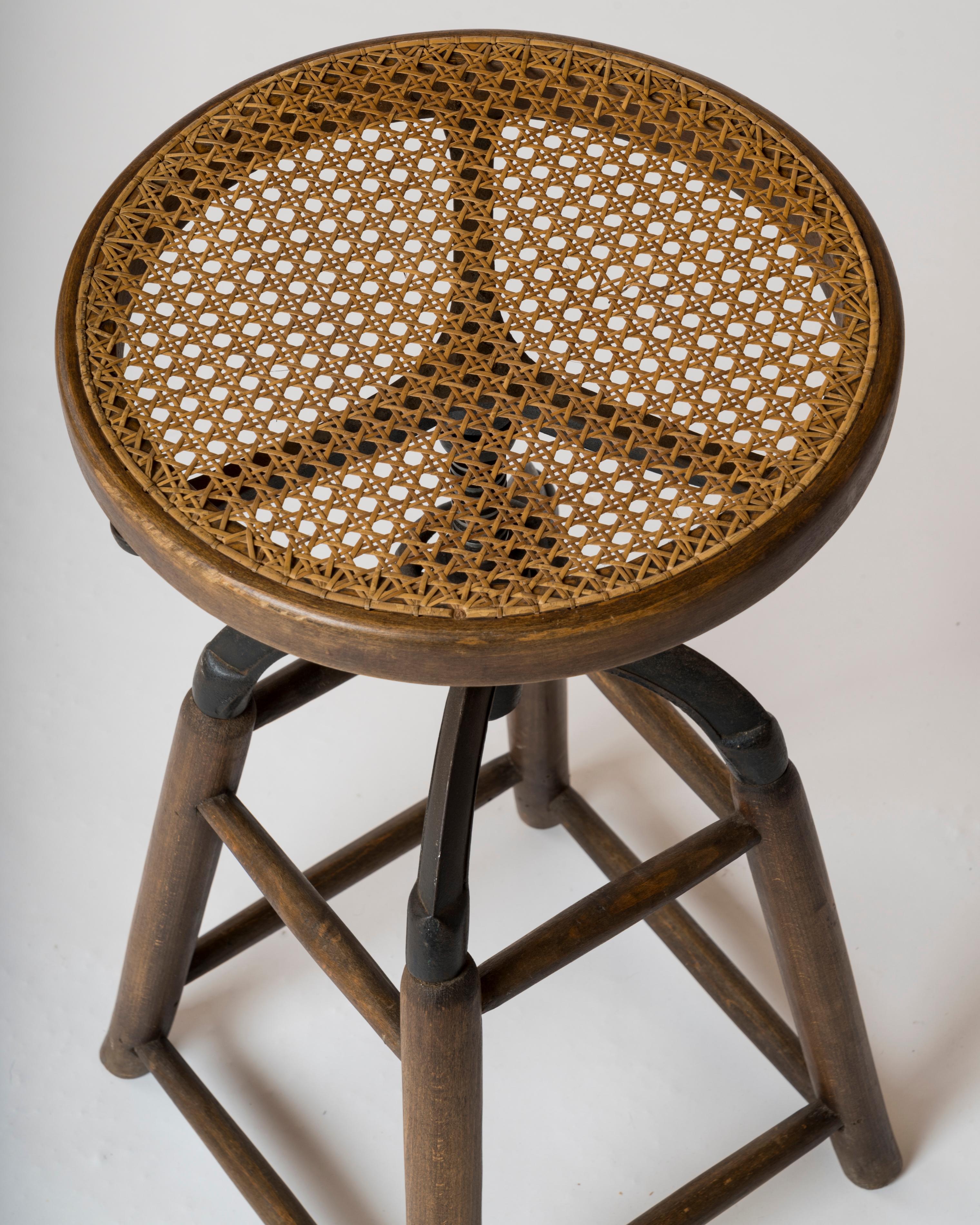 Mid-20th Century Art Deco Wood, Iron and Caning Adjustable Stool by Thonet, Austria, 1930s For Sale