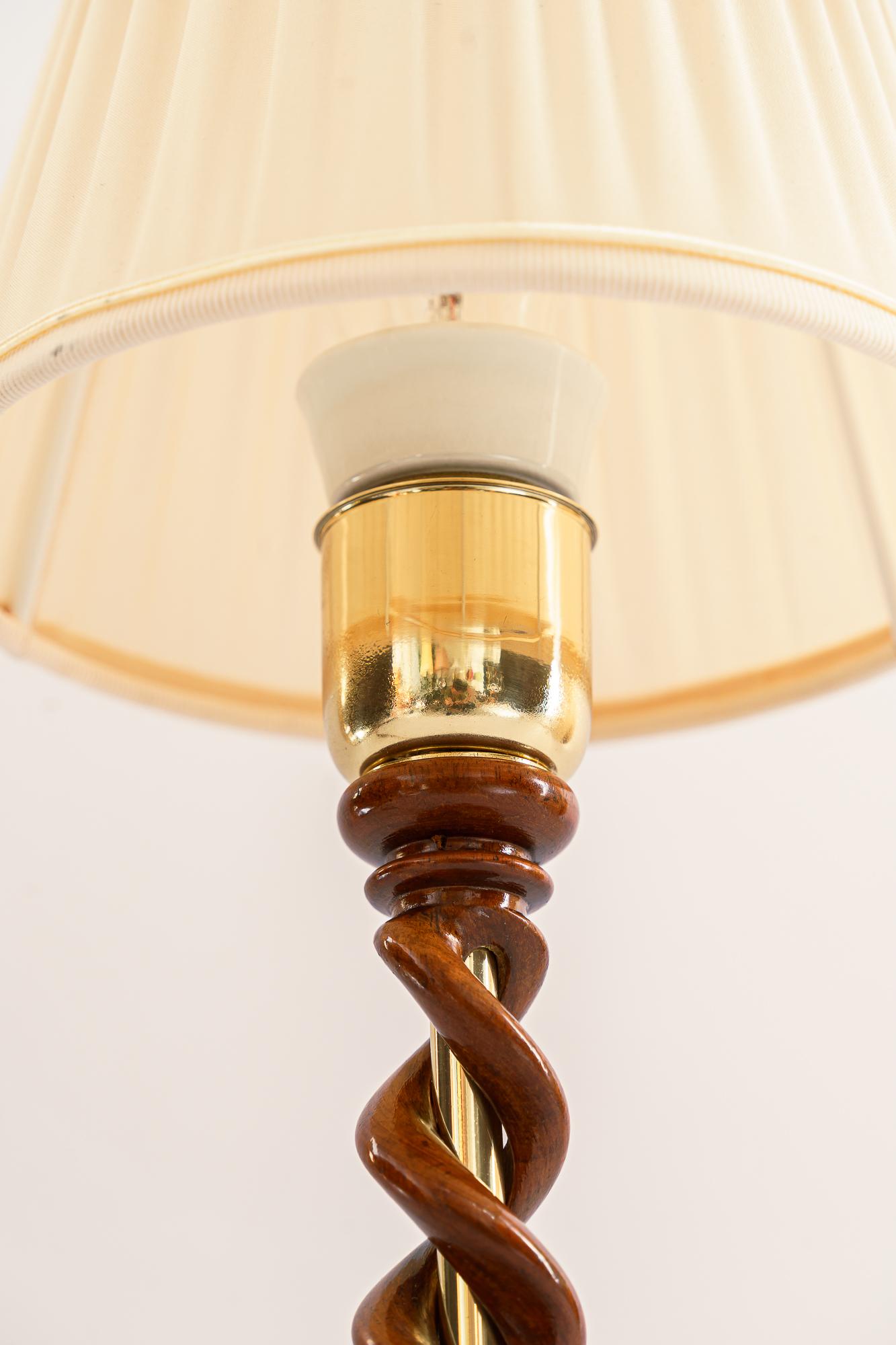 Austrian Art Deco Wood Lamp with Fabric Shade, Vienna, Around 1920s For Sale