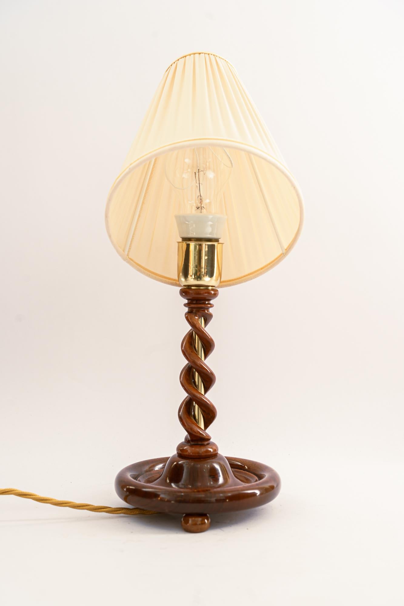 Mid-20th Century Art Deco Wood Lamp with Fabric Shade, Vienna, Around 1920s For Sale