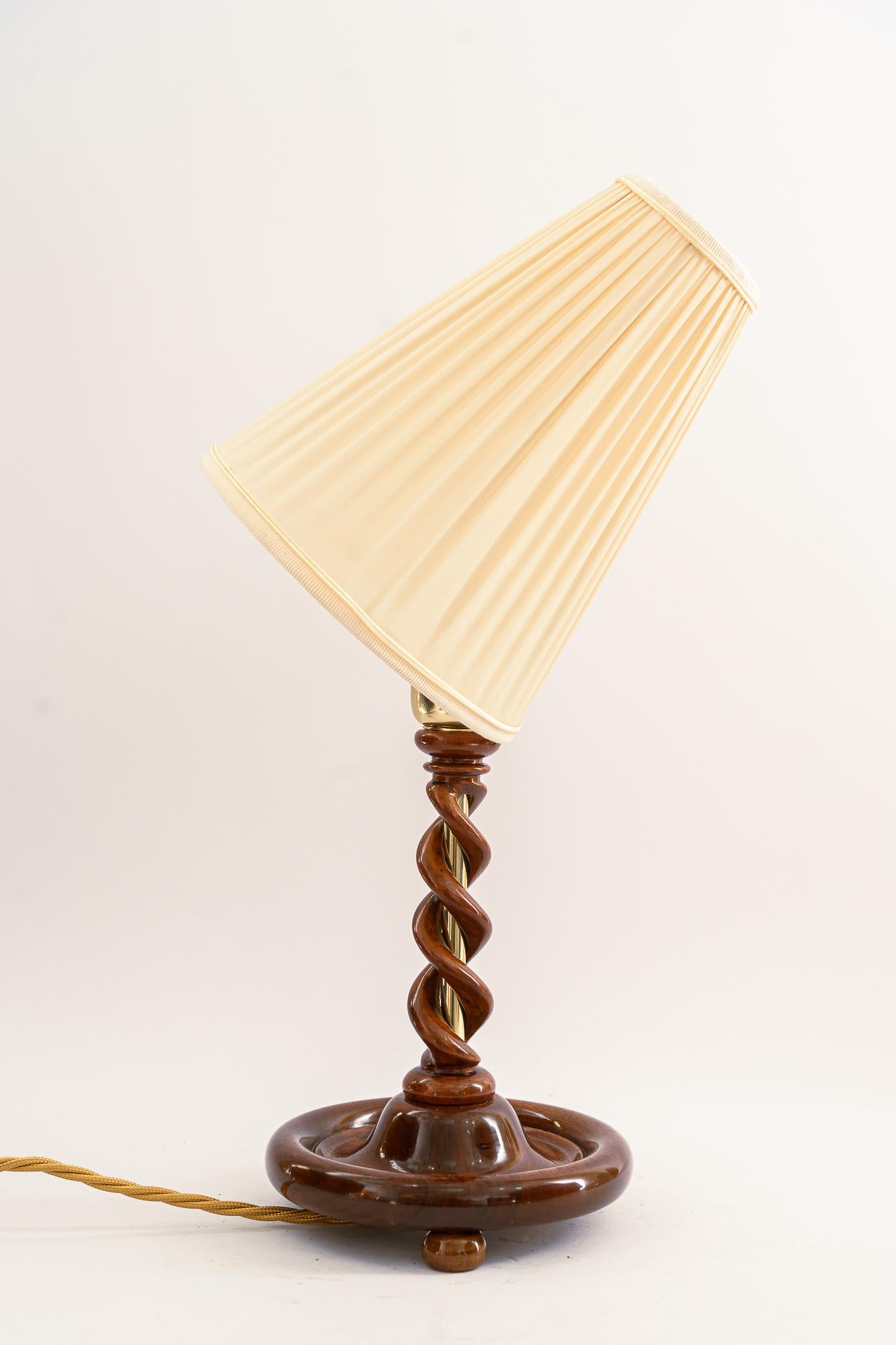 Brass Art Deco Wood Lamp with Fabric Shade, Vienna, Around 1920s For Sale
