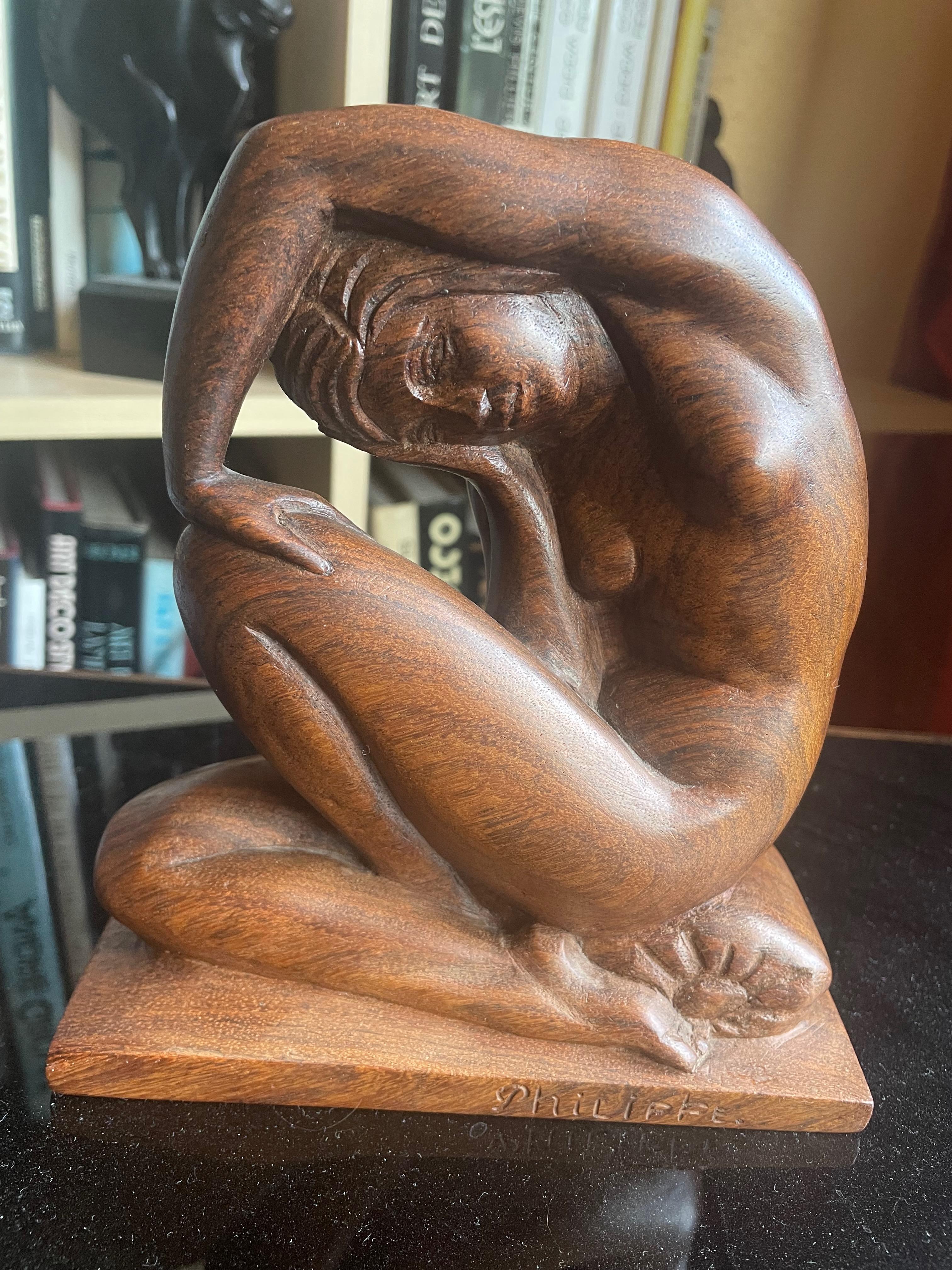 Art Deco Art Déco Wood sculpture  seated nude woman. By Philippe.Edition S.A.S.Paris.1925 For Sale
