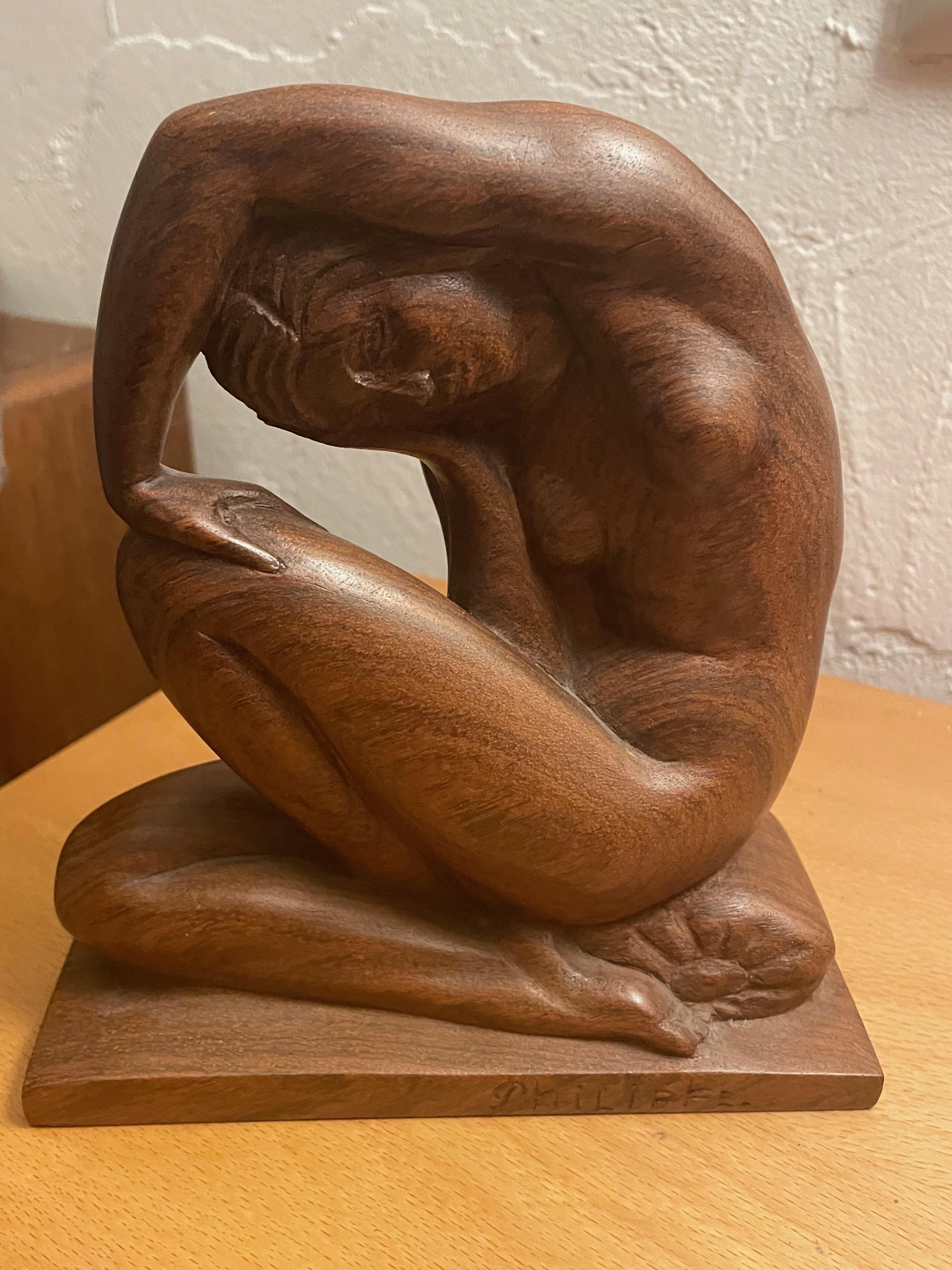 Hand-Carved Art Déco Wood sculpture  seated nude woman. By Philippe.Edition S.A.S.Paris.1925 For Sale