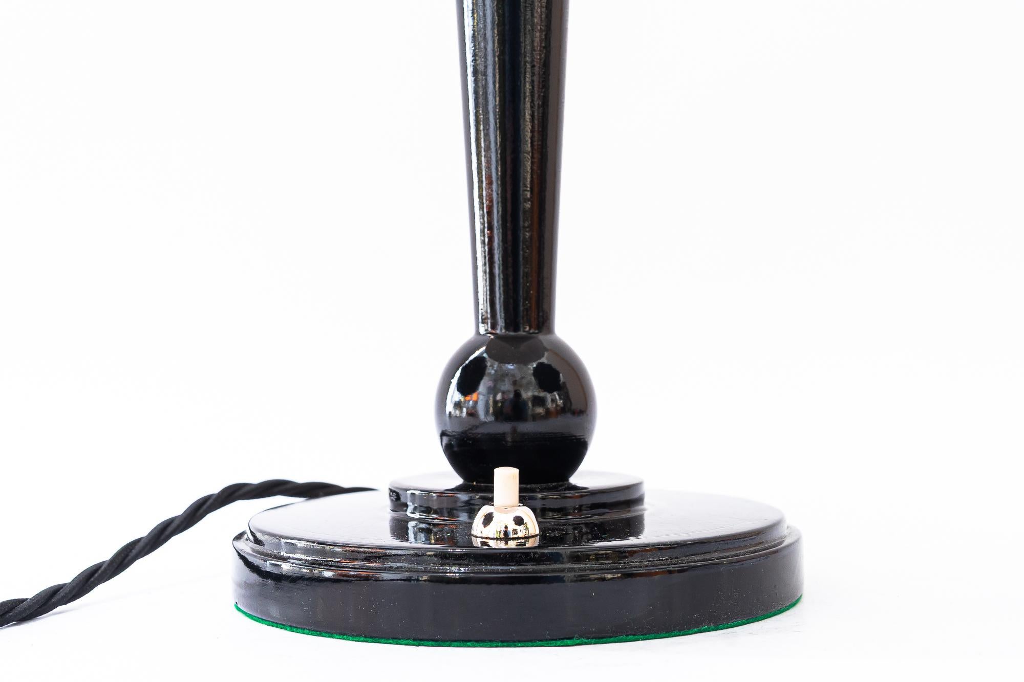 Blackened Art Deco Wood table lamp and fabric shade vienna around 1920s For Sale