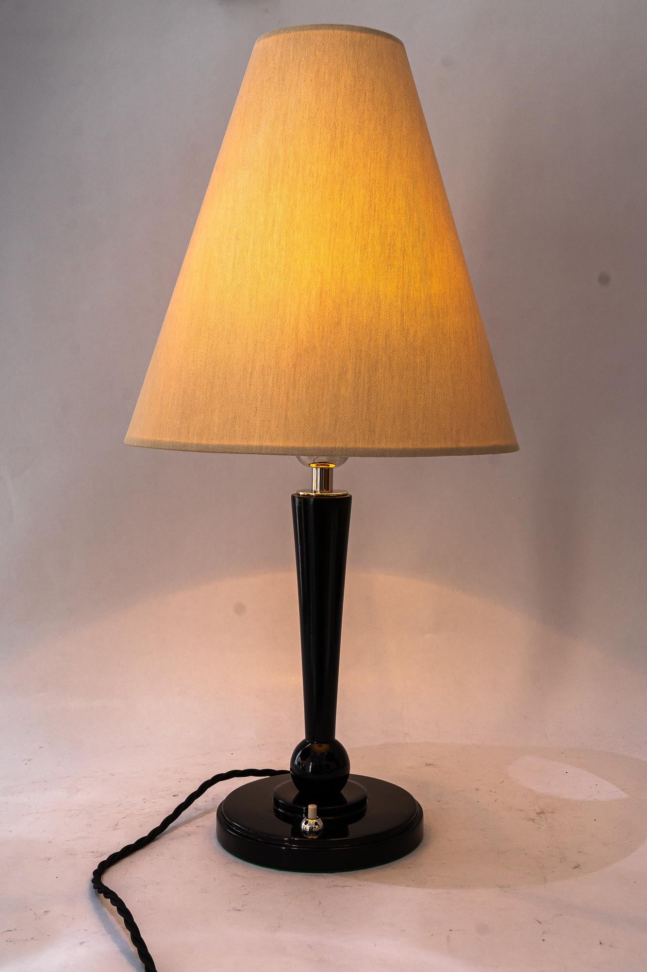 Brass Art Deco Wood table lamp and fabric shade vienna around 1920s For Sale