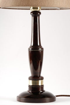 Art Deco Wood Table Lamp with Fabric Shade Around 1920s