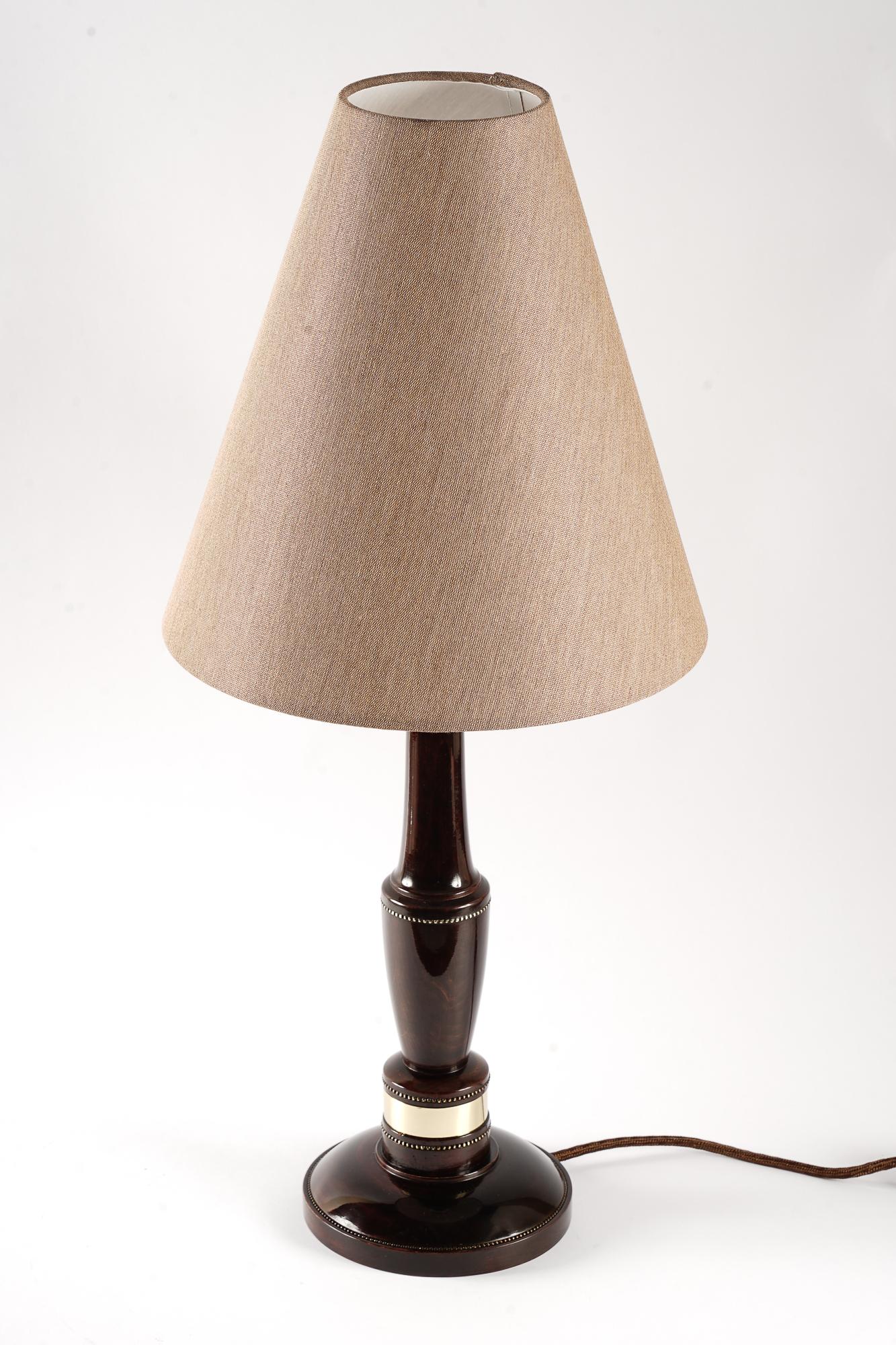Polished Art Deco Wood Table Lamp with Fabric Shade Around 1920s For Sale