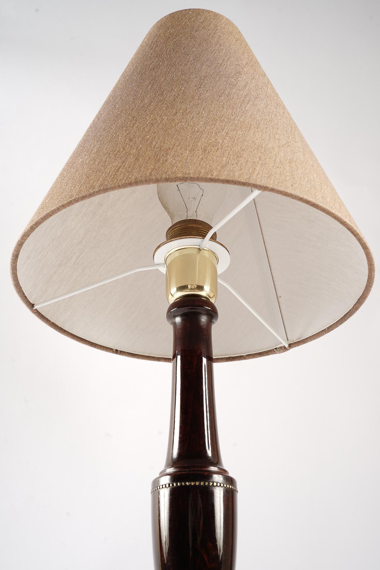 Early 20th Century Art Deco Wood Table Lamp with Fabric Shade Around 1920s For Sale