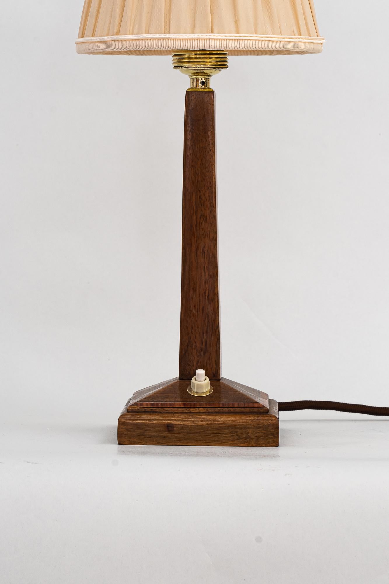 Polished Art Deco Wood Table Lamp with Fabric Shade Vienna Around 1920s For Sale