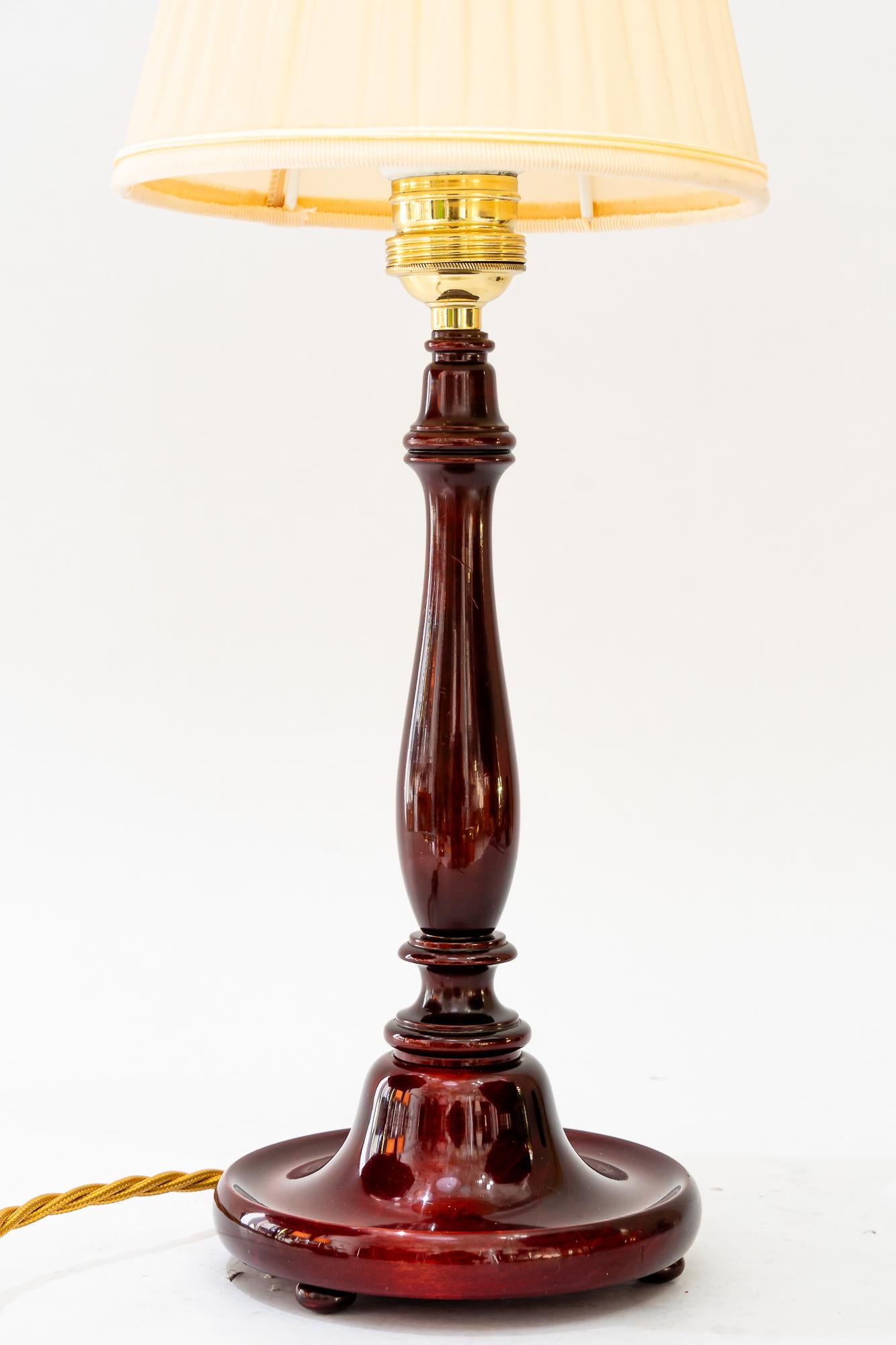 Polished Art Deco wood table lamp with fabric shade vienna around 1920s For Sale