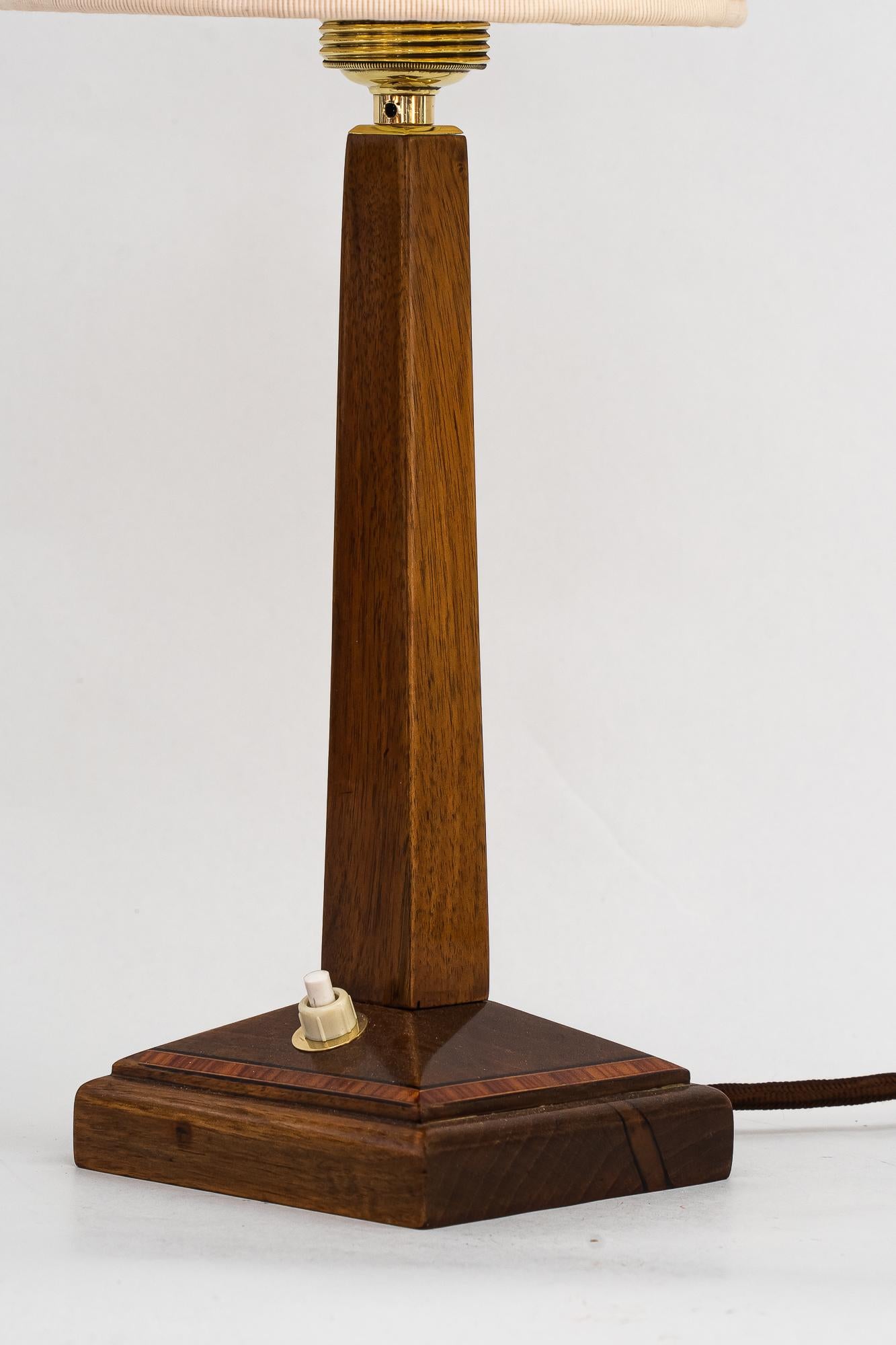 Early 20th Century Art Deco Wood Table Lamp with Fabric Shade Vienna Around 1920s For Sale