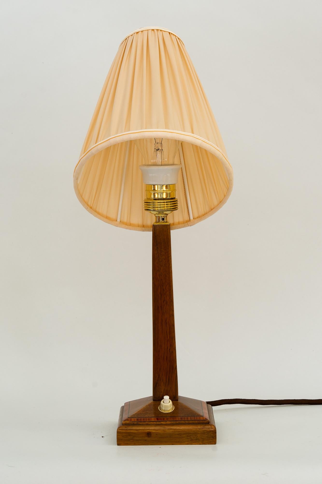 Brass Art Deco Wood Table Lamp with Fabric Shade Vienna Around 1920s For Sale