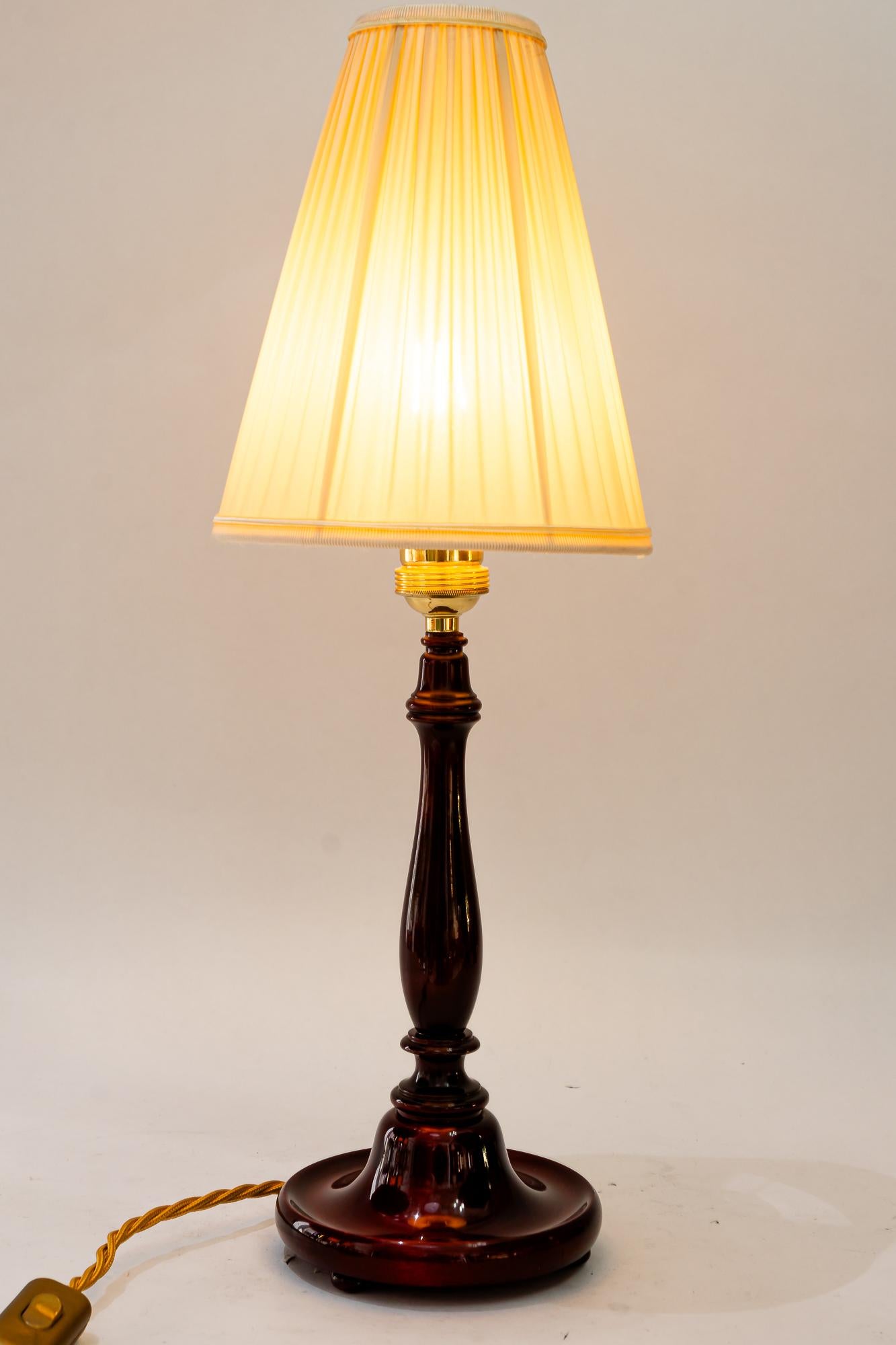Brass Art Deco wood table lamp with fabric shade vienna around 1920s For Sale
