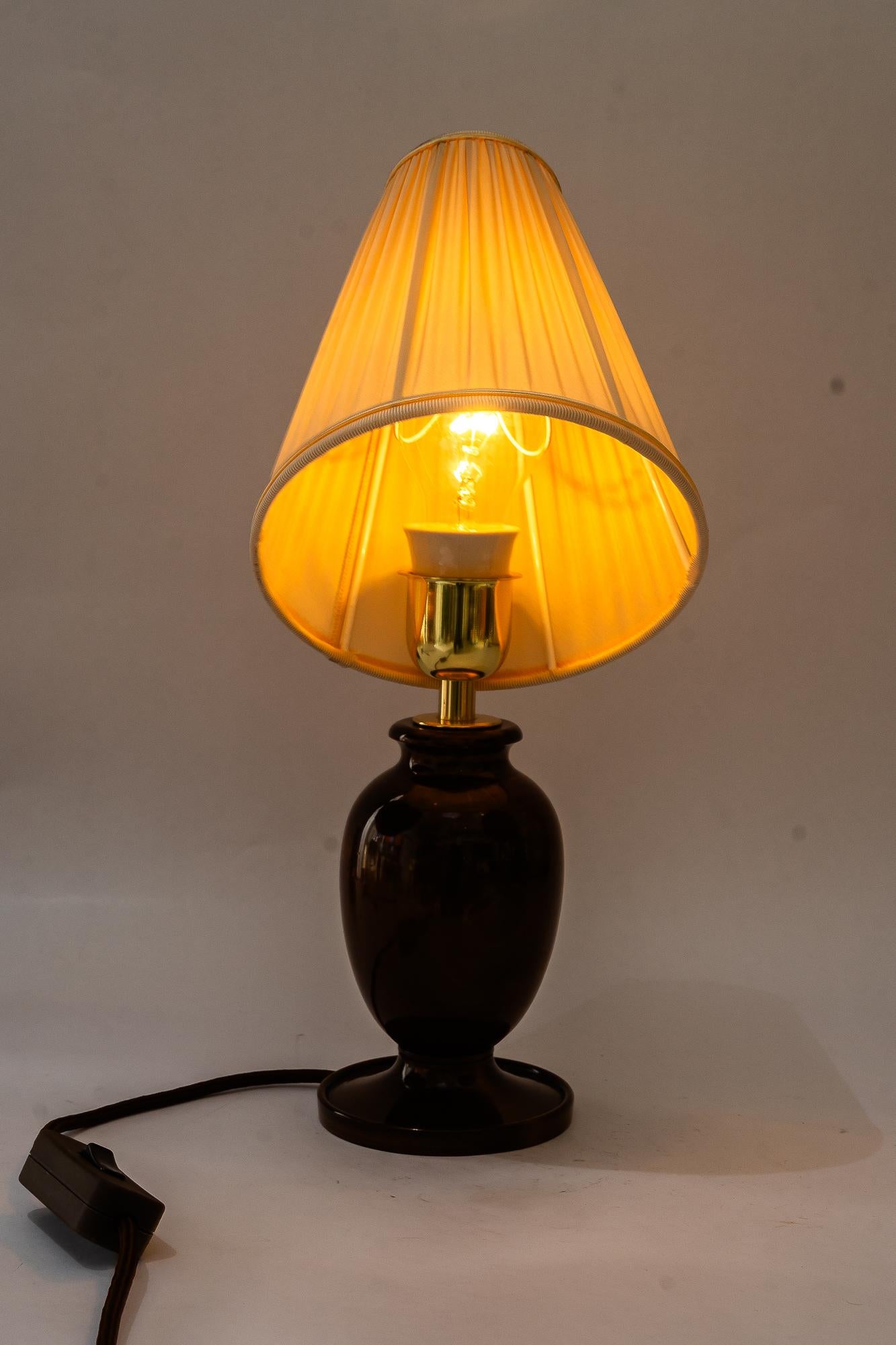 Brass Art Deco wood table lamp with fabric shade vienna around 1920s For Sale