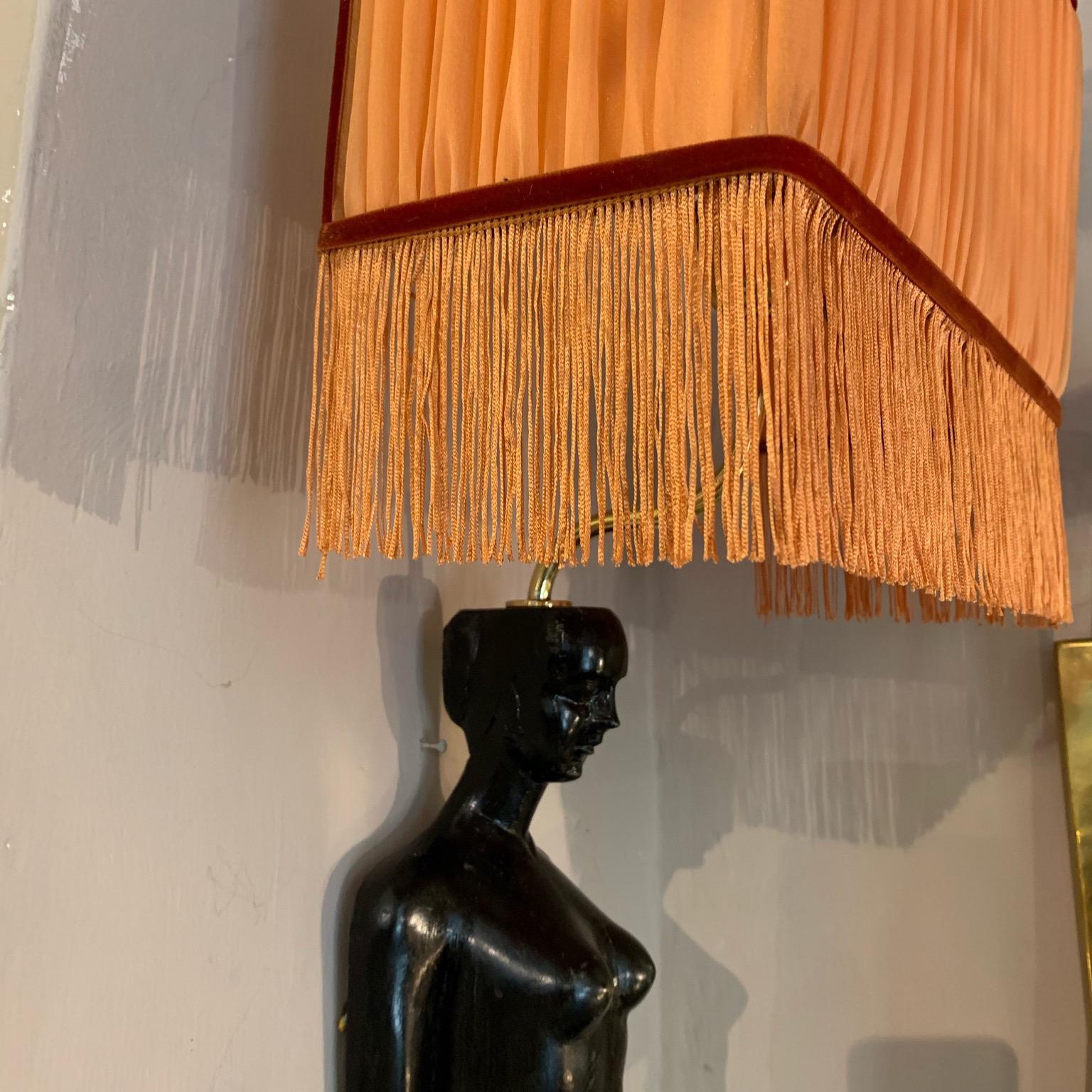 Art Deco Wood Woman Sculpture Wall Sconces Orange Lampshades with Fringe, 1940s 6