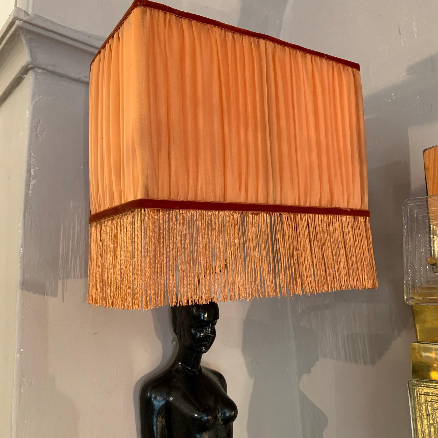 Art Deco Wood Woman Sculpture Wall Sconces Orange Lampshades with Fringe, 1940s 7