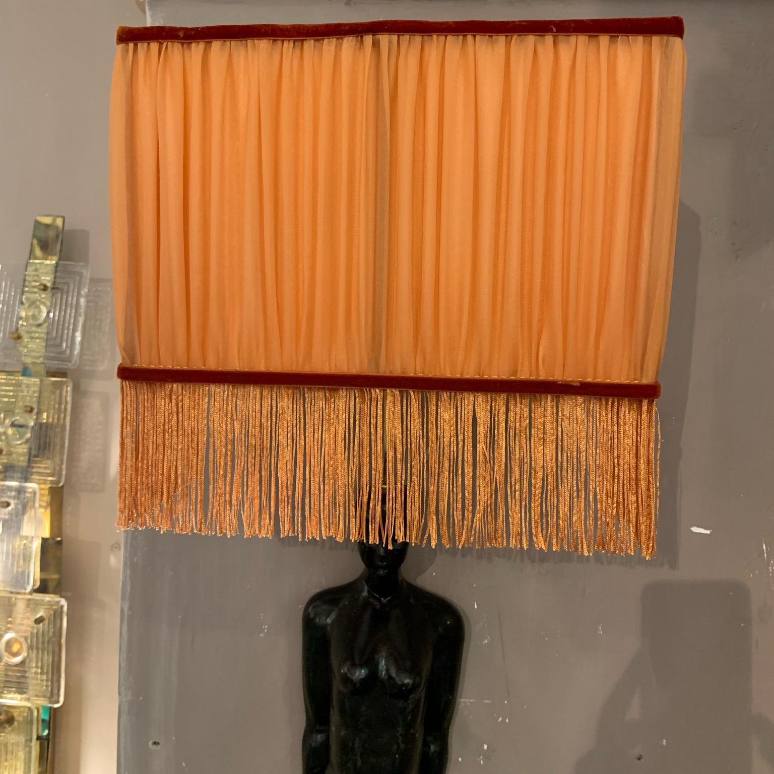 Art Deco Wood Woman Sculpture Wall Sconces Orange Lampshades with Fringe, 1940s 8