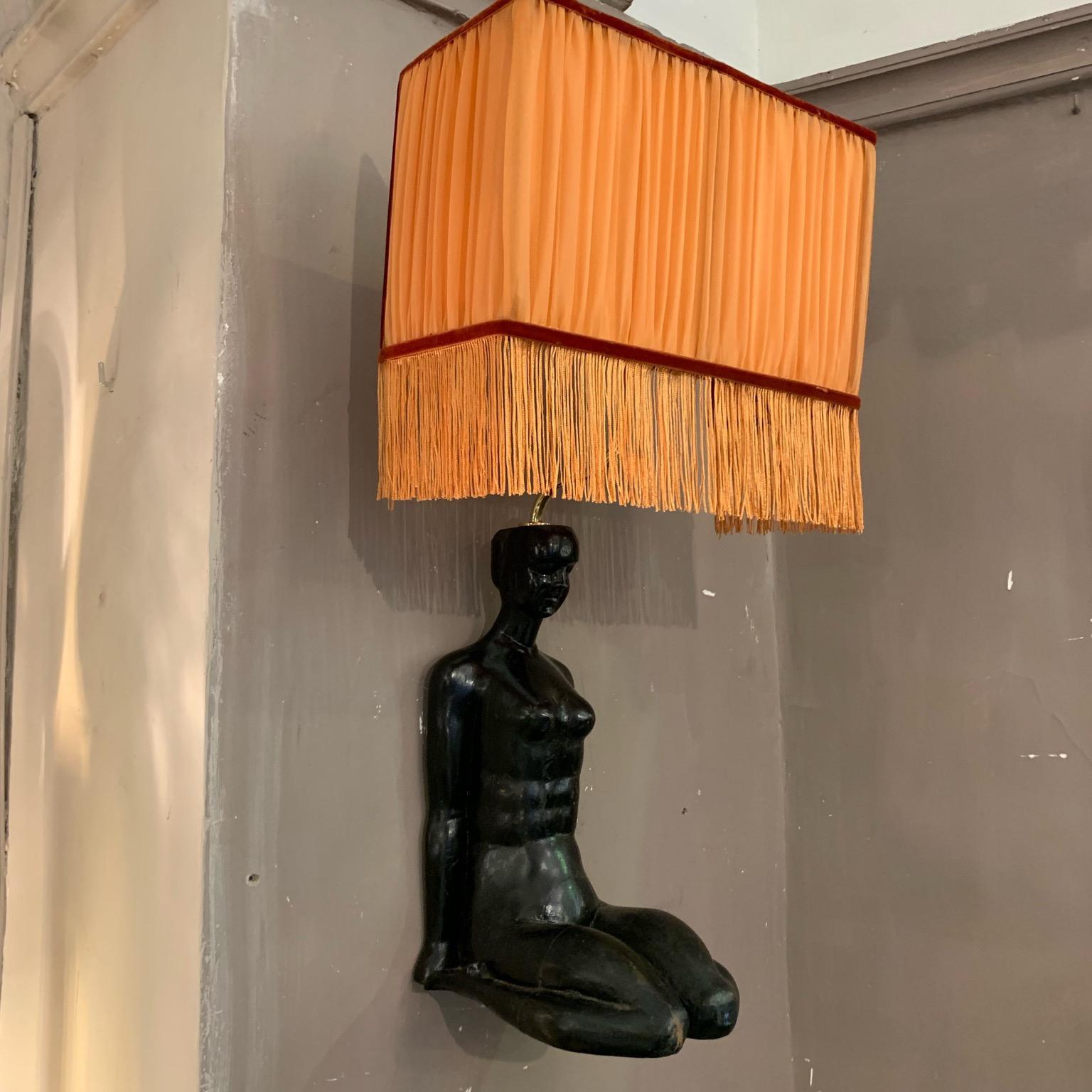 Art Deco Wood Woman Sculpture Wall Sconces Orange Lampshades with Fringe, 1940s In Good Condition In Florence, IT