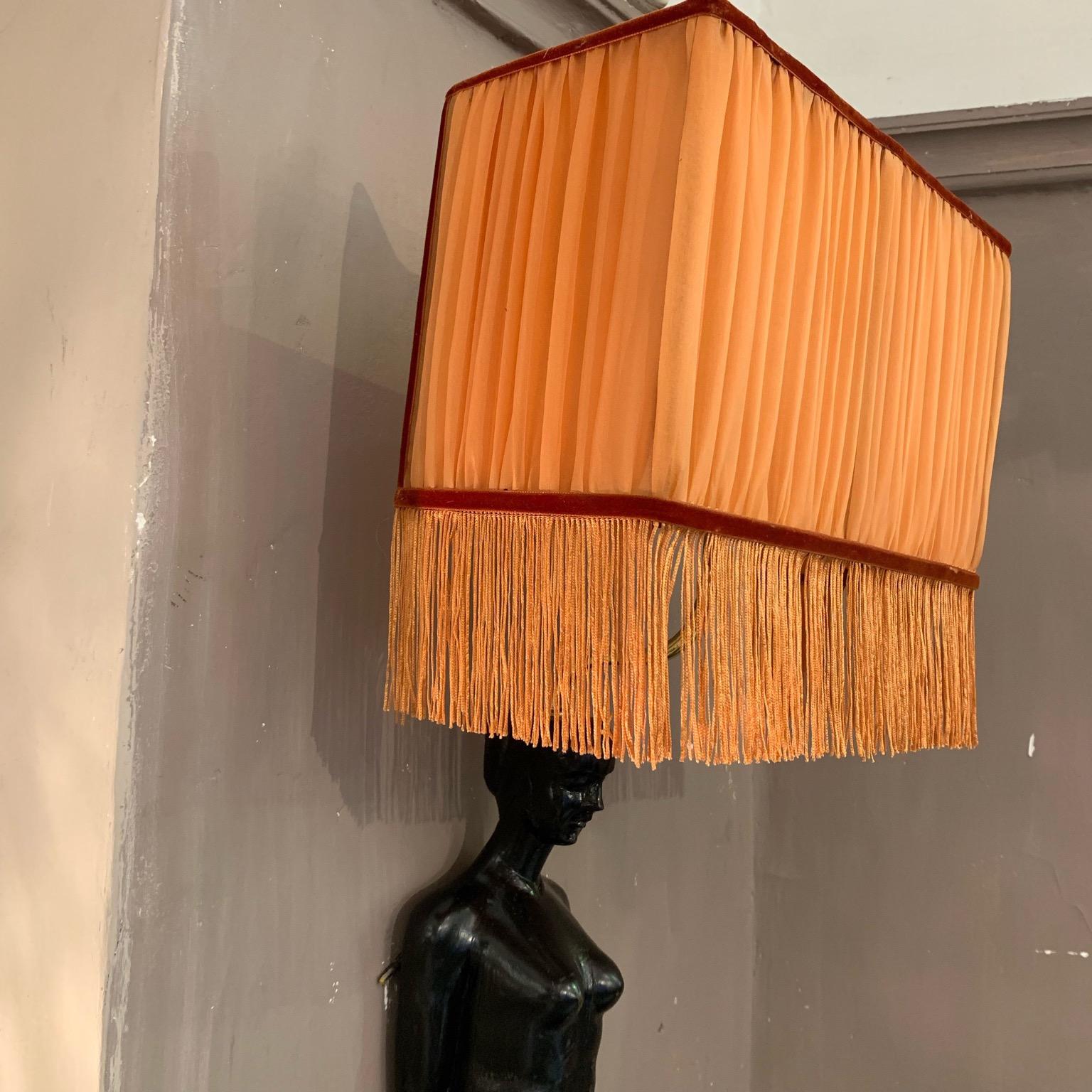 Mid-20th Century Art Deco Wood Woman Sculpture Wall Sconces Orange Lampshades with Fringe, 1940s