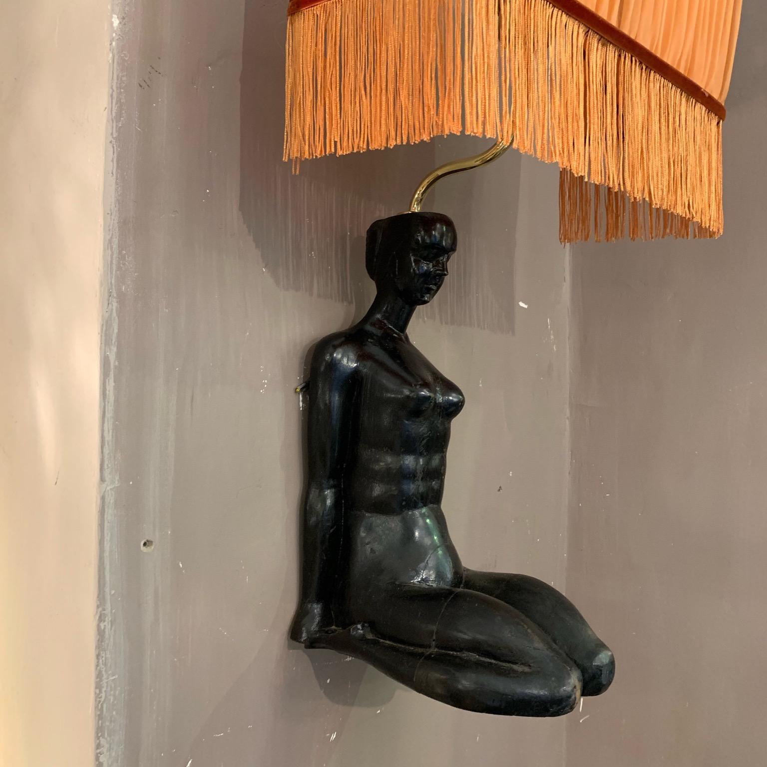 Silk Art Deco Wood Woman Sculpture Wall Sconces Orange Lampshades with Fringe, 1940s