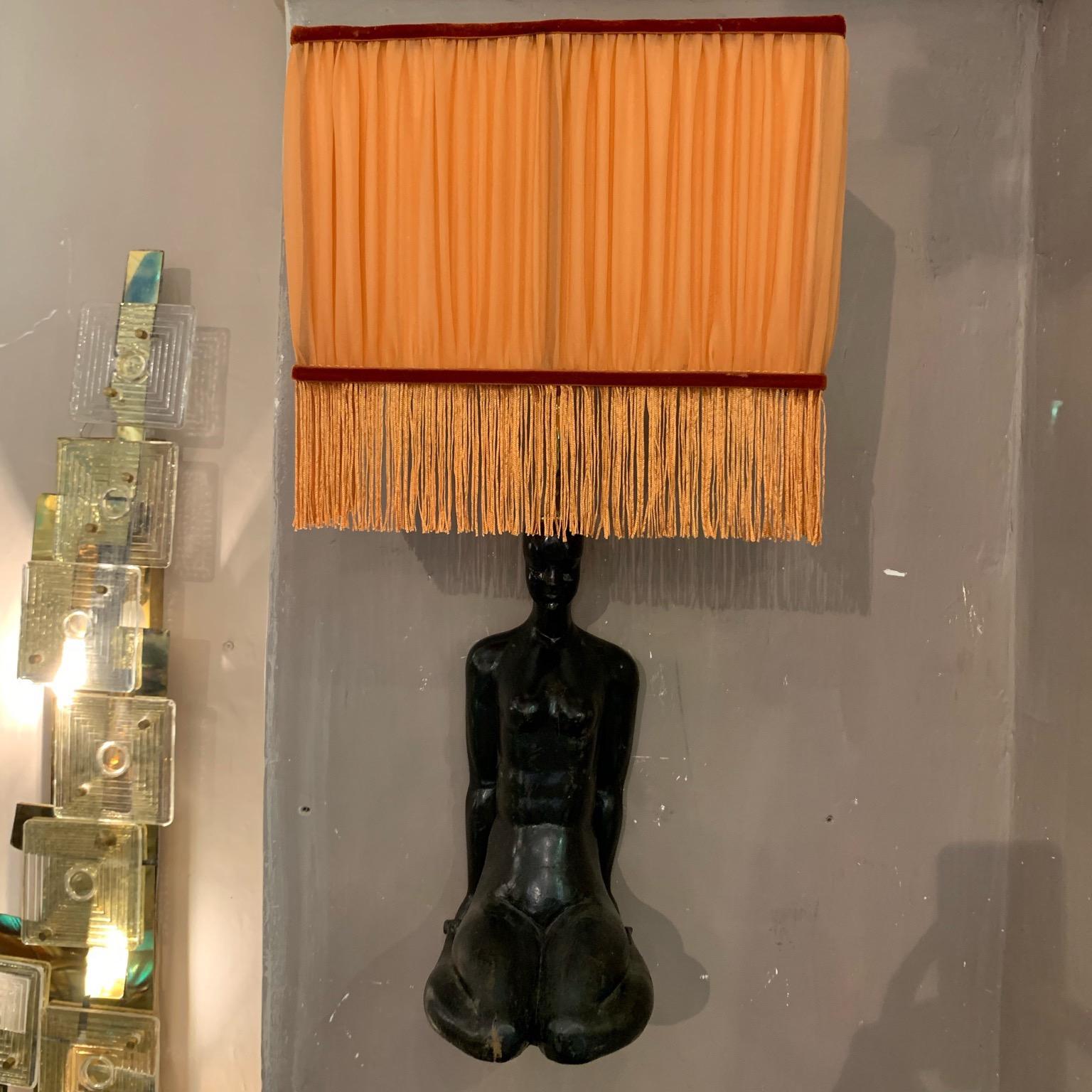 Art Deco Wood Woman Sculpture Wall Sconces Orange Lampshades with Fringe, 1940s 1