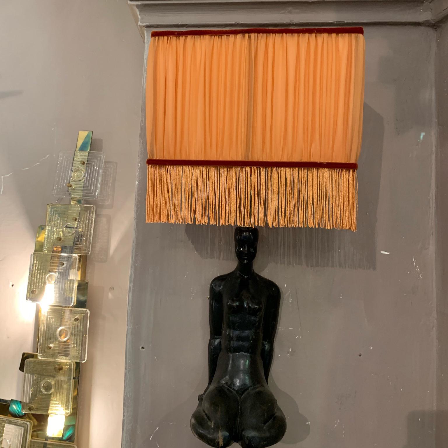 Art Deco Wood Woman Sculpture Wall Sconces Orange Lampshades with Fringe, 1940s 2