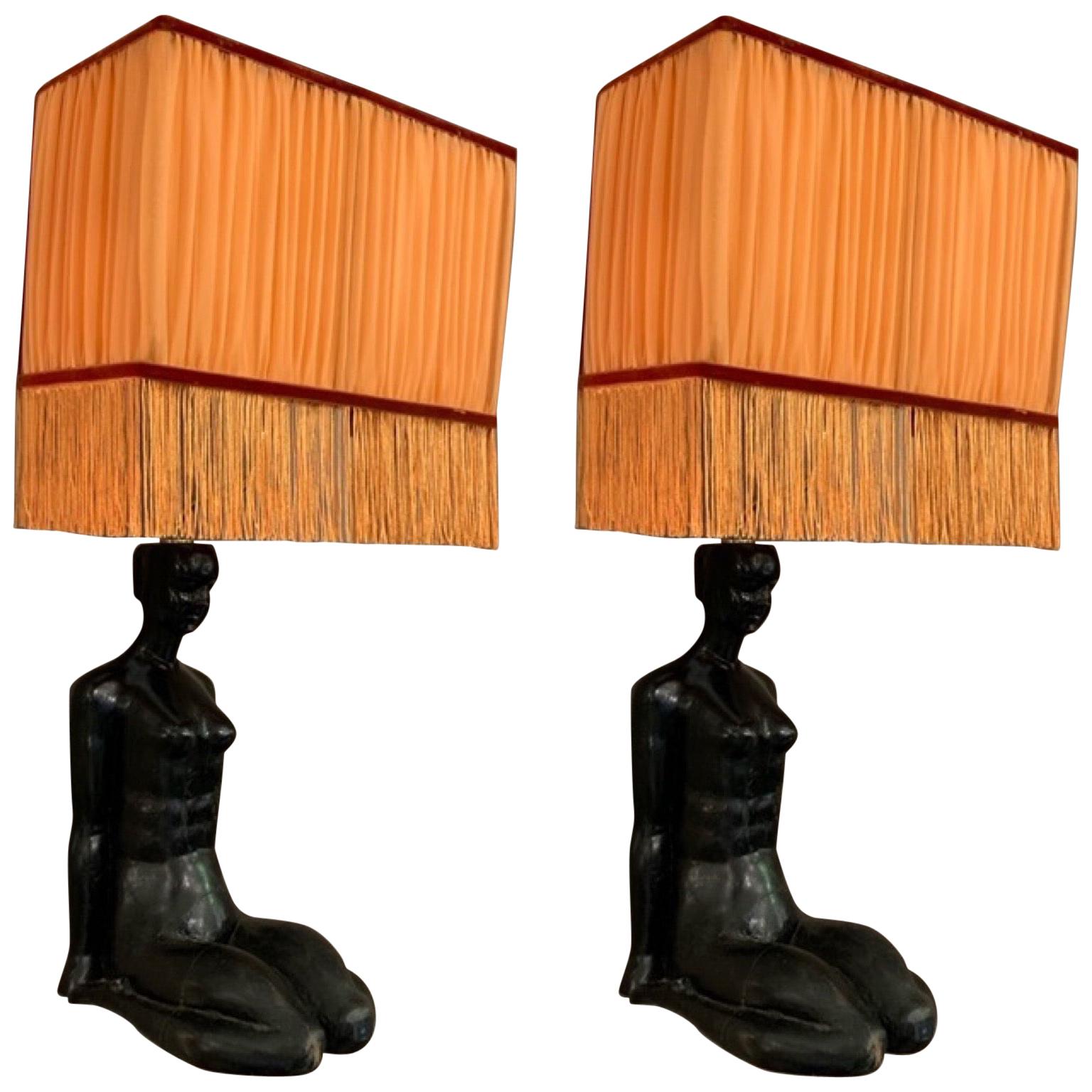 Art Deco Wood Woman Sculpture Wall Sconces Orange Lampshades with Fringe, 1940s