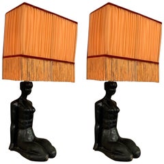 Vintage Art Deco Wood Woman Sculpture Wall Sconces Orange Lampshades with Fringe, 1940s