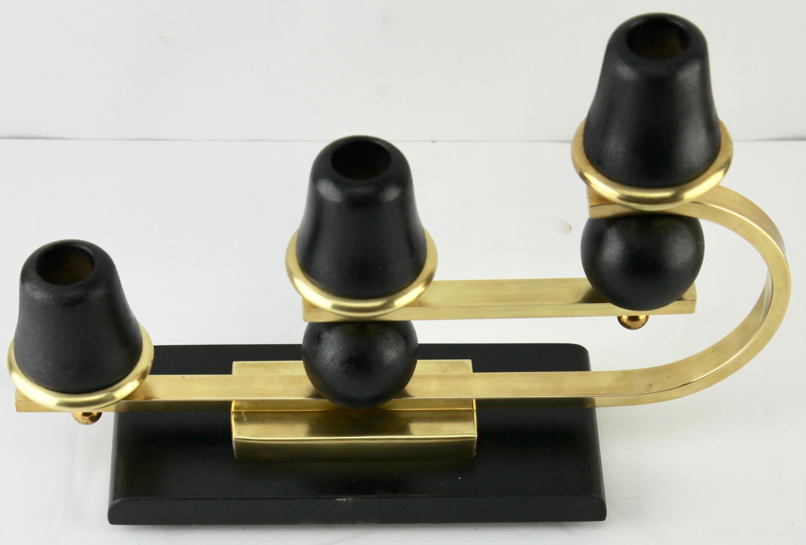 Hand-Crafted Art Deco Wooden and Brass Candlestick, 1930s