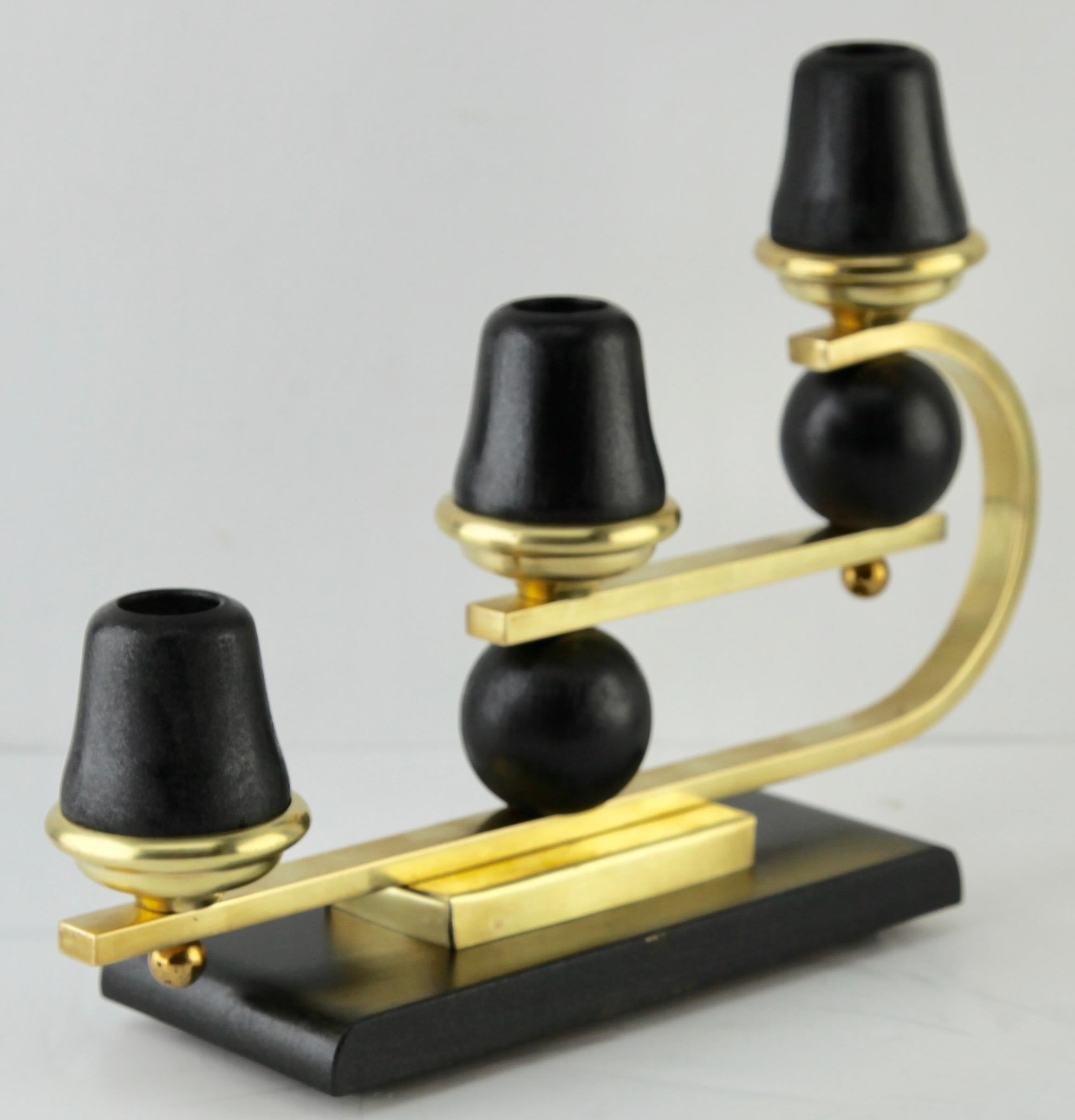 Art Deco Wooden and Brass Candlestick, 1930s In Good Condition In Verviers, BE