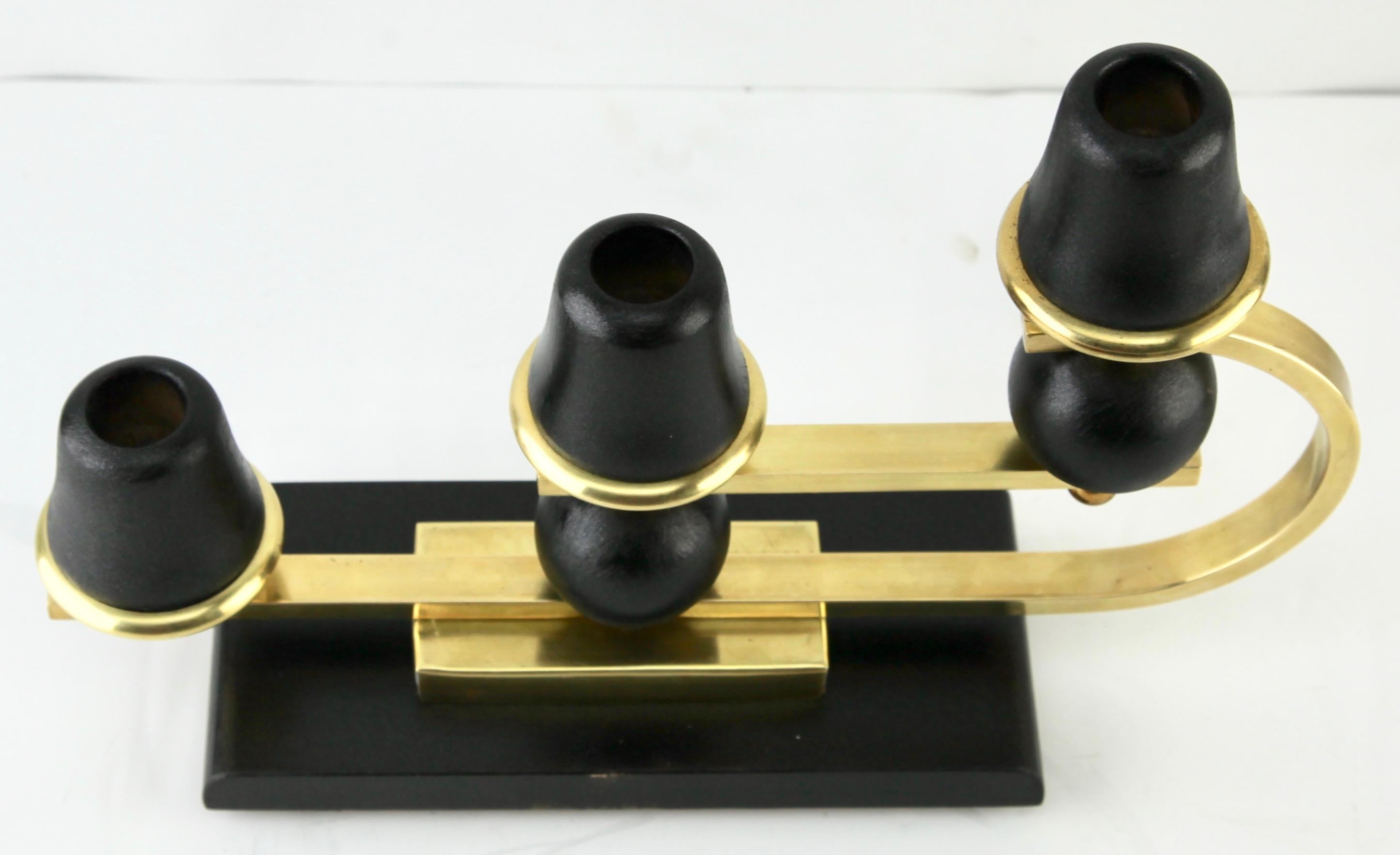 Mid-20th Century Art Deco Wooden and Brass Candlestick, 1930s