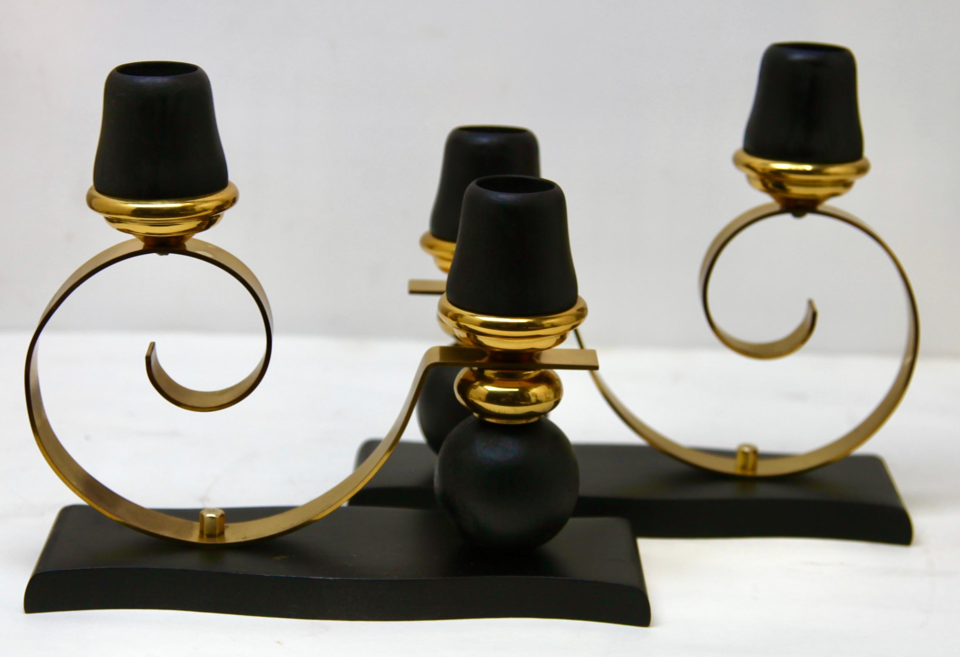 Art Deco Wooden and Brass Pair of Candlesticks, 1930s For Sale 4